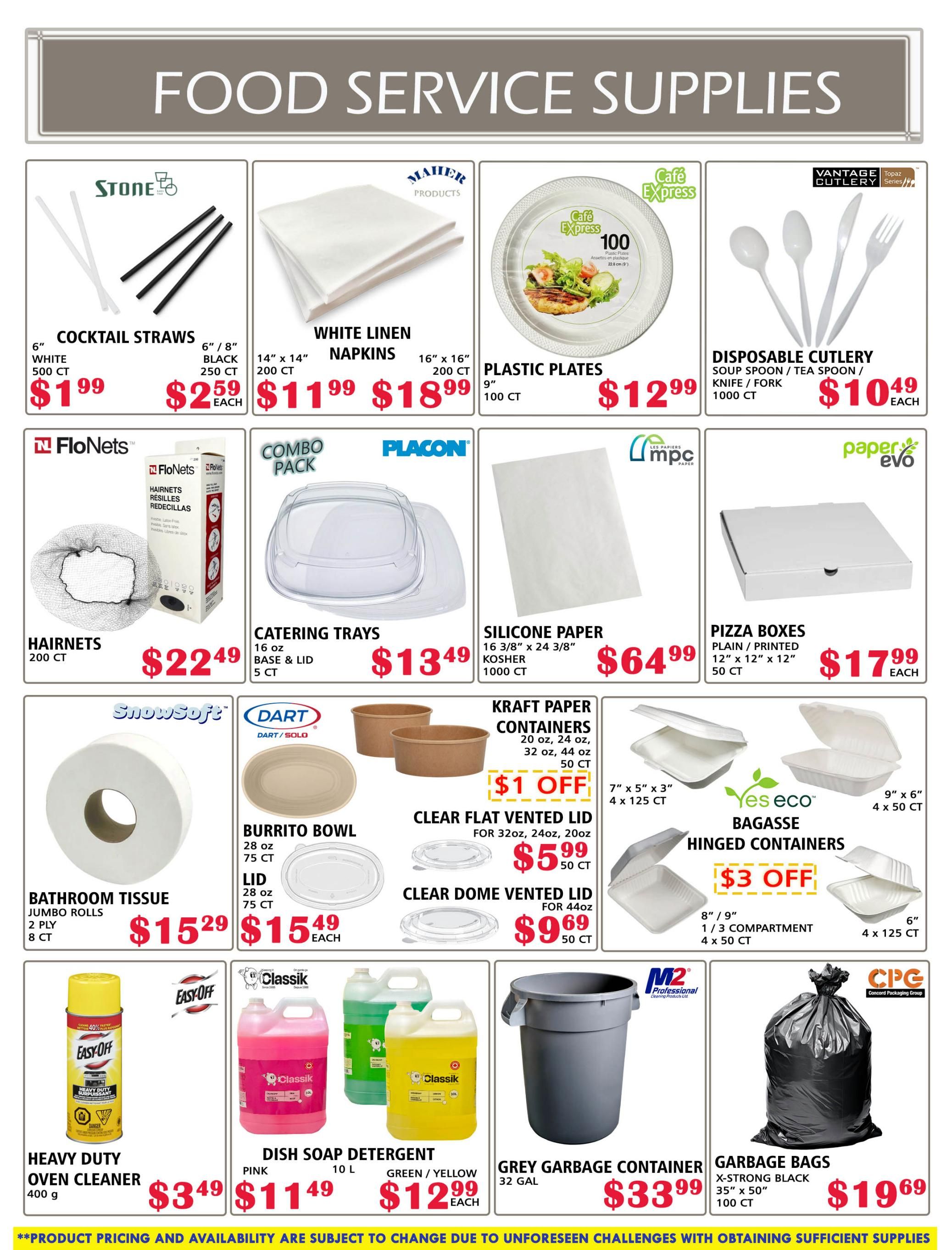 MVR Cash and Carry Food Service Supplies flyer page 10 features a variety of disposable and cleaning products. Offers include Stone Cocktail Straws in black (500 ct for $1.99) and black (250 ct for $2.59 each). Maier Products White Linen Napkins are available in 14' x 14' (200 ct for $11.99) and 16' x 16' (200 ct for $18.99). Cafe Express Plastic Plates (9', 100 ct) are priced at $12.99. Vantage Cutlery Disposable Cutlery (Soup Spoon/Tea Spoon/Knife/Fork, 1000 ct) costs $10.49 each. FloNets Hairnets (200 ct) are $22.49. Placon Catering Trays (16 oz, base & lid, 5 ct) are $13.49. MPC Paper Silicone Paper (16 3/8' x 24 3/8', Kosher, 1000 ct) is $64.99. Paper Evo Pizza Boxes (Plain/Printed, 12' x 12' x 12', 50 ct) are $17.99 each. SnowSoft Bathroom Tissue (Jumbo Rolls, 2 ply, 8 ct) is $15.29. Dart Burrito Bowls (28 oz, 75 ct) and Lids (28 oz, 75 ct) are $15.49 each. Clear Flat Vented Lids for 32oz, 24oz, 20oz containers are $5.99 for 50 ct. Clear Dome Vented Lids for 44oz are $9.69 for 50 ct. Yes Eco Bagasse Hinged Containers are available in 7' x 5' x 3' (4 x 125 ct) and 9' x 6' (4 x 50 ct). Classik Dish Soap Detergent is available in Pink (10 L for $11.49) and Green/Yellow (10 L for $12.99 each). EasyOff Heavy Duty Oven Cleaner (400 g) is $3.49. M2 Professional Grey Garbage Container (32 gal) is $33.99. CPG Garbage Bags (X-Strong Black, 35' x 50', 100 ct) are $19.69.