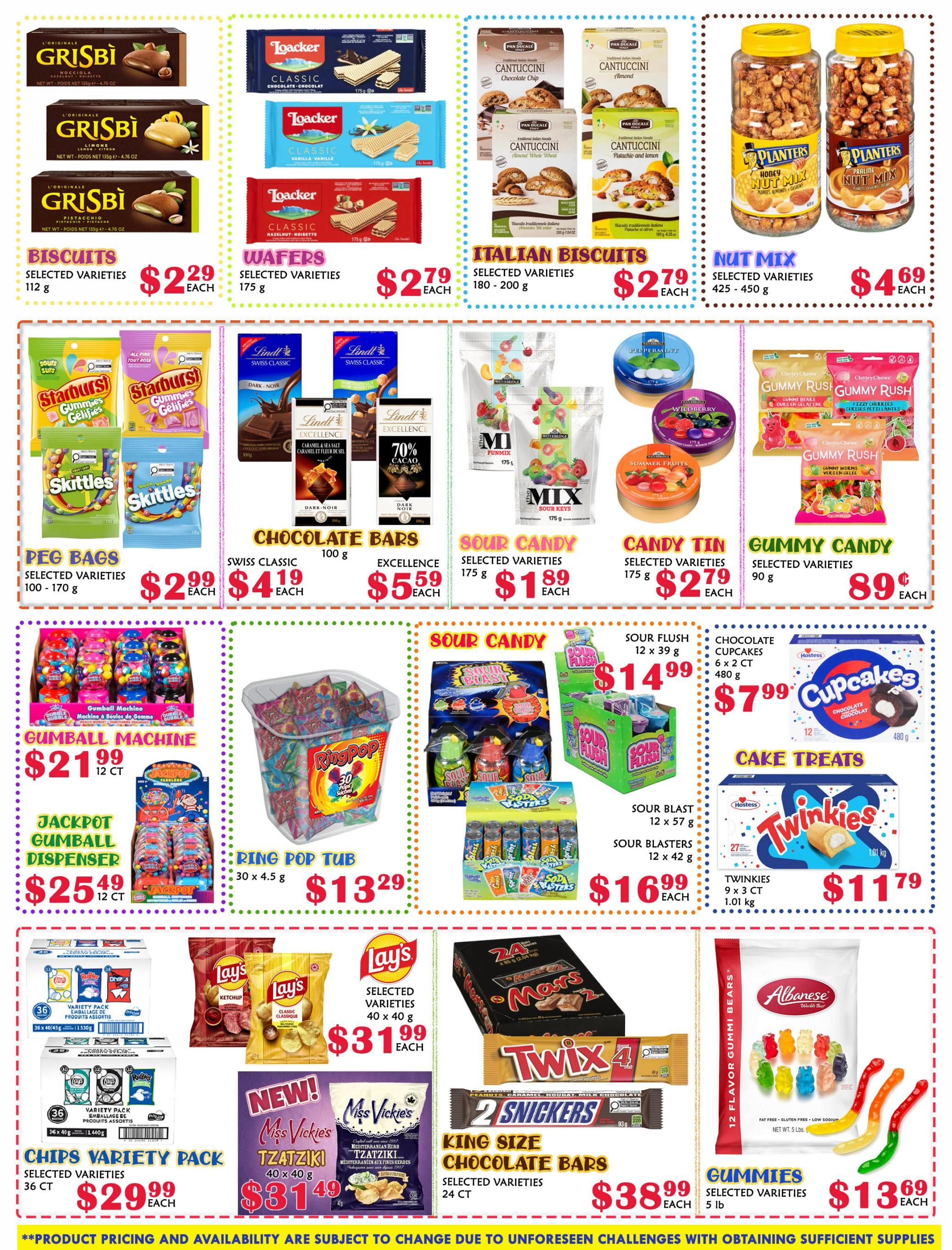 MVR Cash and Carry flyer specials page 12 features a wide selection of candies and snacks. Top row includes Grisbi Biscuits for $2.29 each, Loacker Wafers for $2.79 each, Italian Biscuits for $2.79 each, and Planters Nut Mix for $4.69 each. Middle row showcases Starburst Peg Bags for $2.99 each, Lindt Chocolate Bars starting at $4.19 for Swiss Classic and $5.59 for Excellence, MI Sour Candy for $1.89 each, Candy Tin Assortment for $2.79 each, and Gummy Rush Gummy Candy for $0.89 each. The bottom section highlights Gumball Machines for $21.99 (12 ct), Ring Pop Tub for $13.29 (30 x 4.5 g), Sour Flush Candy for $14.99, Sour Blast and Sour Blasters for $16.99 each, Lay's Chips Variety Pack for $29.99 (36 ct), Lay's Selected Varieties chips for $31.99 each, Miss Vickie's Tzatziki chips for $31.49 (40 x 40 g), King Size Chocolate Bars including Mars, Twix, and Snickers for $38.99 each (24 ct), Hostess Twinkies for $11.79 (9 x 3 ct), and Albanese 12 Flavor Gummi Bears for $13.69 (5 lb).