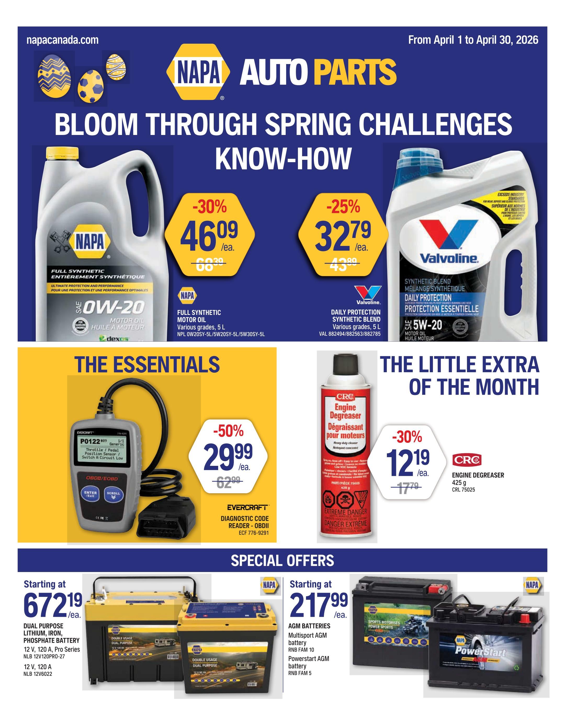 NAPA Auto Parts flyer for April 1 to April 30, 2026. Features NAPA Full Synthetic 0W-20 Motor Oil on sale for $46.09/ea (30% off). Also features Valvoline Daily Protection Synthetic Blend 5W-20 Motor Oil for $32.79/ea (25% off). The Essentials section includes the Evercraft Diagnostic Code Reader - OBDII for $29.99/ea (50% off). The Little Extra of the Month is CRC Engine Degreaser for $12.19/ea (30% off). Special Offers include NAPA AGM Batteries starting at $217.99/ea, and Dual Purpose Lithium, Iron, Phosphate Batteries starting at $67.21/ea.