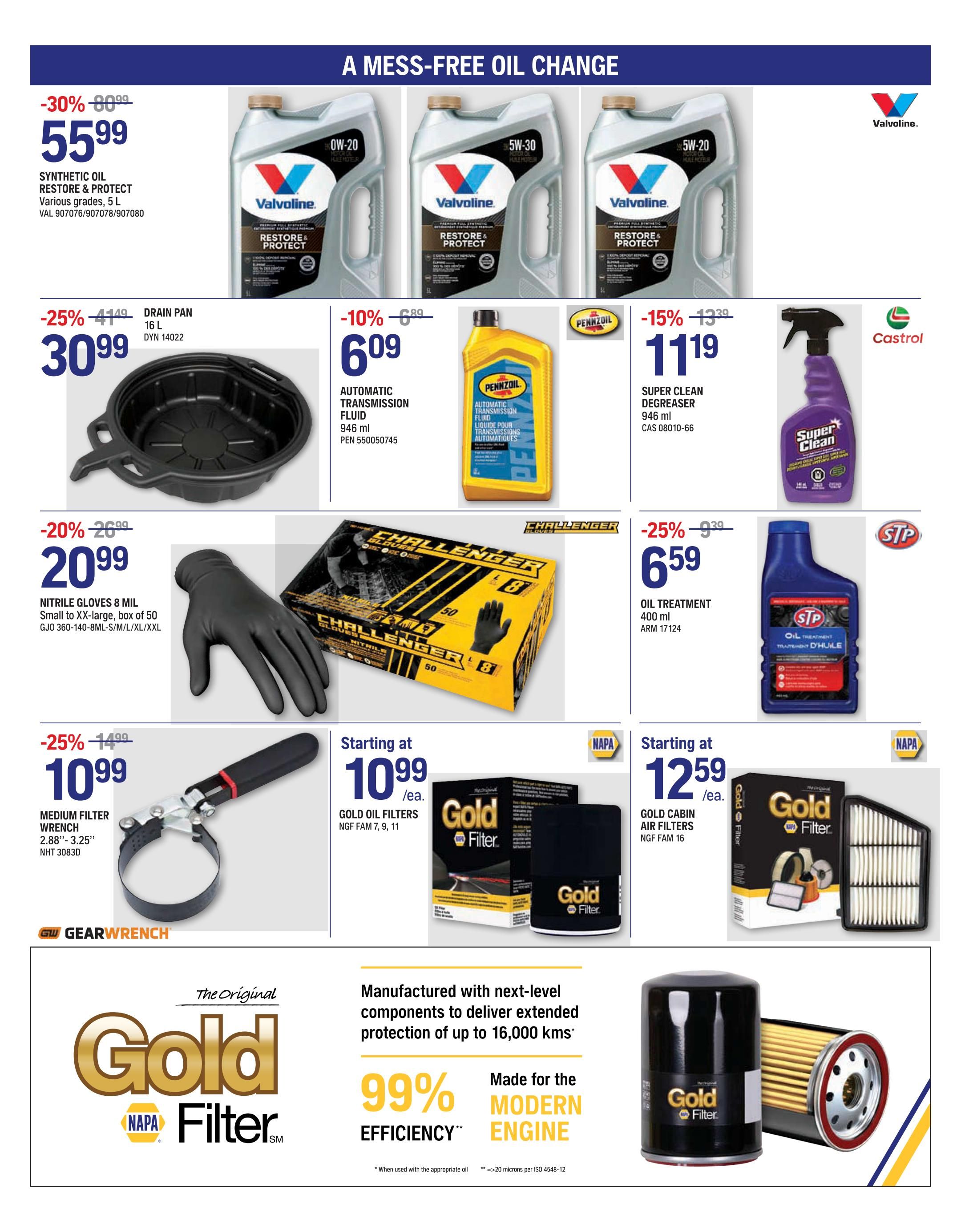 NAPA Auto Parts flyer specials page 2 features a 'Mess-Free Oil Change' theme. Valvoline Synthetic Oil Restore & Protect is on sale for $55.99 (30% off). A 16 L drain pan is $30.99 (25% off). Automatic transmission fluid (946 ml) is $6.09 (10% off). Super Clean Degreaser (946 ml) is $11.19 (15% off). Challenger Nitrile Gloves (8 mil, box of 50) are $20.99 (20% off). Oil Treatment (400 ml) is $6.59 (25% off). A GearWrench medium filter wrench (2.88'-3.25') is $10.99. Gold Oil Filters (NGF FAM 7, 9, 11) start at $10.99 each. Gold Cabin Air Filters (NGF FAM 16) start at $12.59 each. The page also highlights Gold Filter's 99% efficiency and suitability for modern engines, offering extended protection up to 16,000 kms.