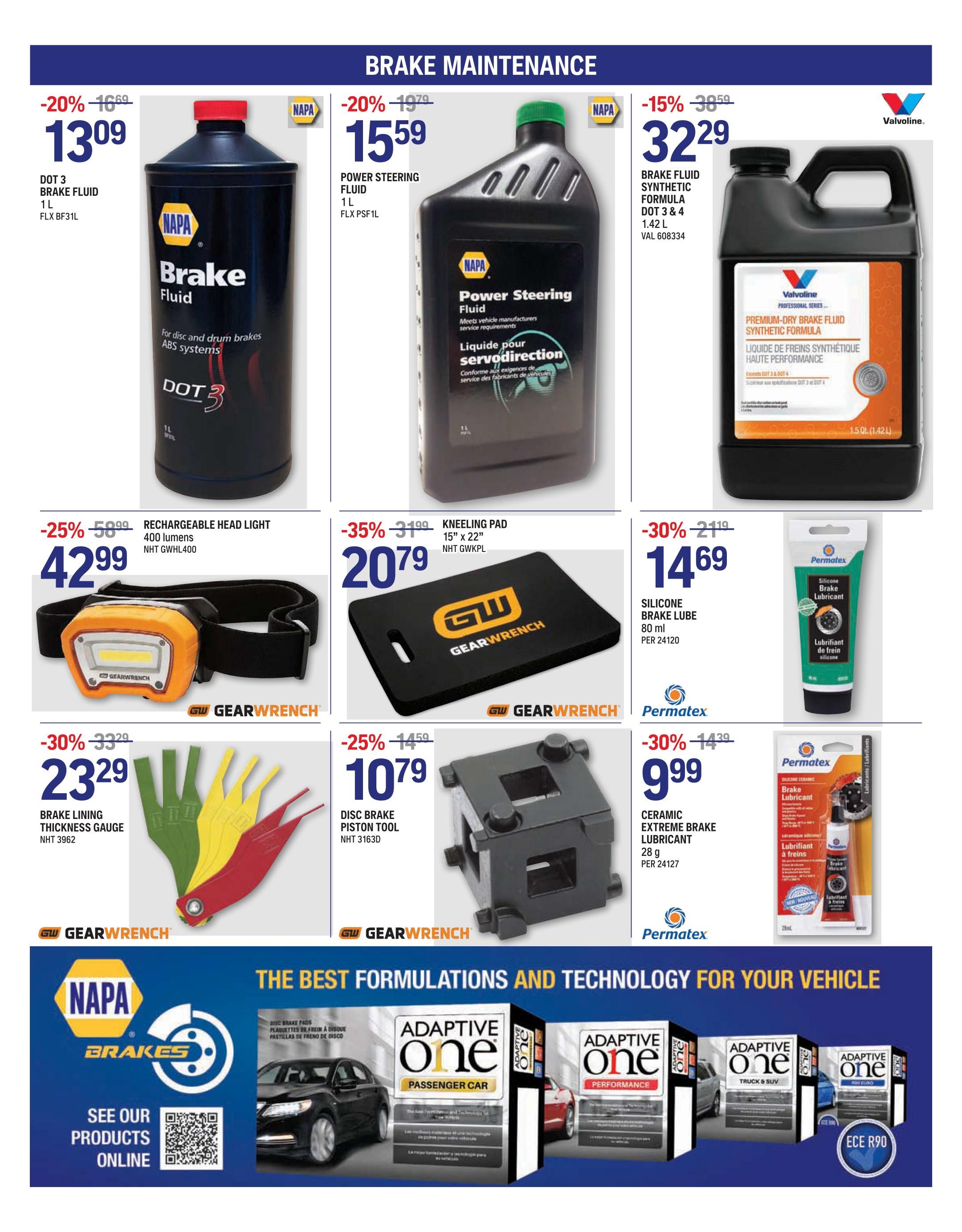 NAPA Auto Parts flyer page 3 features brake maintenance products. On sale is NAPA DOT 3 Brake Fluid for $13.09 (20% off), NAPA Power Steering Fluid for $15.59 (20% off), and Valvoline Premium Dry Brake Fluid Synthetic Formula DOT 3 & 4 for $32.29 (15% off). Also available are a GearWrench Rechargeable Head Light for $42.99 (25% off), a GearWrench Kneeling Pad for $20.79 (35% off), and Permatex Silicone Brake Lube for $14.69 (30% off). Additional deals include a GearWrench Brake Lining Thickness Gauge for $23.29 (30% off), a GearWrench Disc Brake Piston Tool for $10.79 (25% off), and Permatex Ceramic Extreme Brake Lubricant for $9.99 (30% off). The bottom of the page highlights NAPA Brakes and Adaptive One brake pads for passenger cars, performance, and trucks/SUVs.