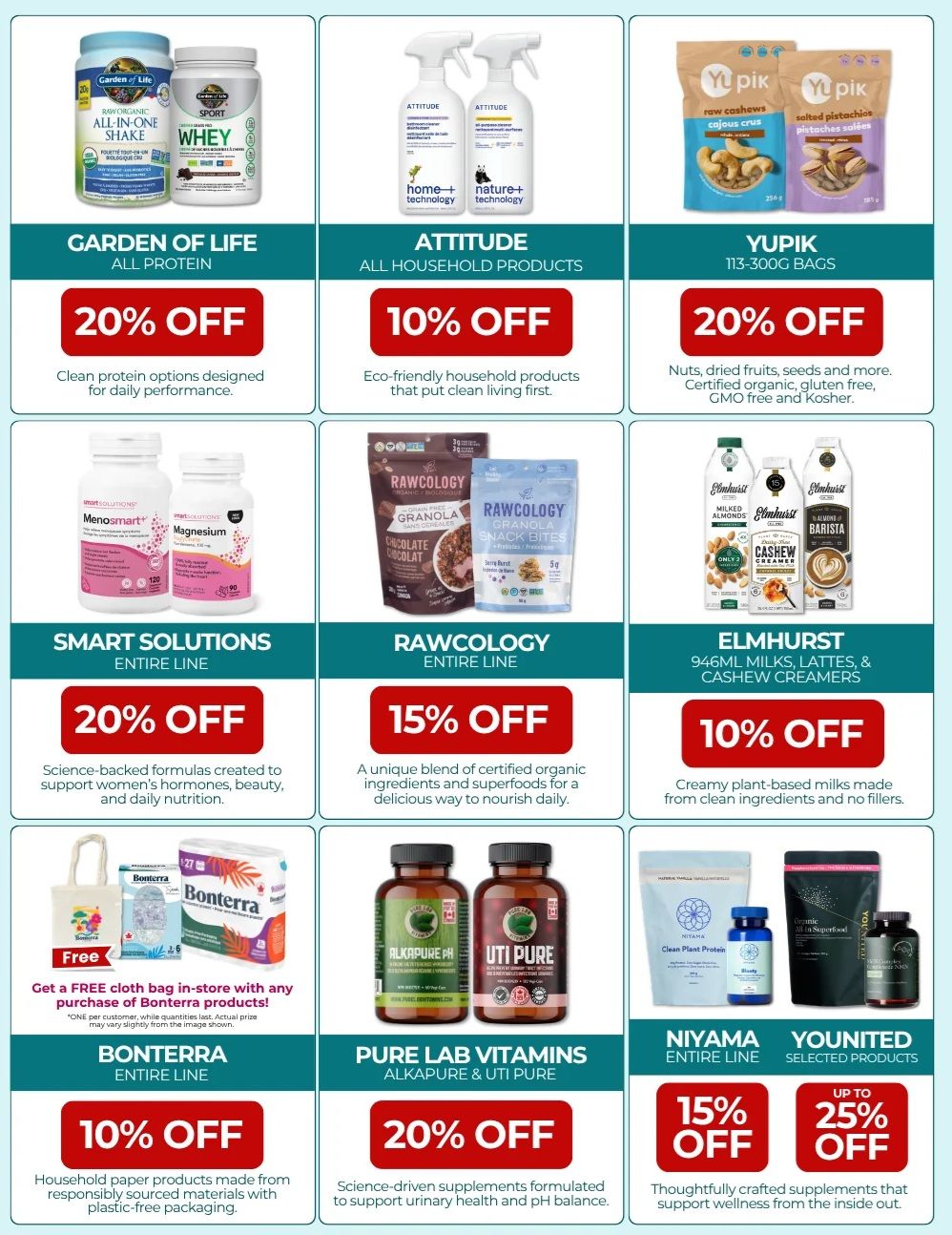 Page 2 of Natural Food Pantry flyer specials. Features Garden of Life All Protein with 20% off, Attitude All Household Products with 10% off, and Yupik 113-300g bags of nuts, dried fruits, seeds, and more for 20% off. Also includes Smart Solutions Entire Line for women's hormones, beauty, and daily nutrition at 20% off, Rawcology Entire Line of organic ingredients and superfoods at 15% off, and Elmhurst 946ml milks, lattes, and cashew creamers at 10% off. Additionally, get a free Bonterra cloth bag with any purchase of Bonterra Entire Line products, which are 10% off and made from responsibly sourced materials. Pure Lab Vitamins Alkpure & Uti Pure are 20% off. Niyama Entire Line and Younited Selected Products offer up to 25% off thoughtfully crafted supplements.