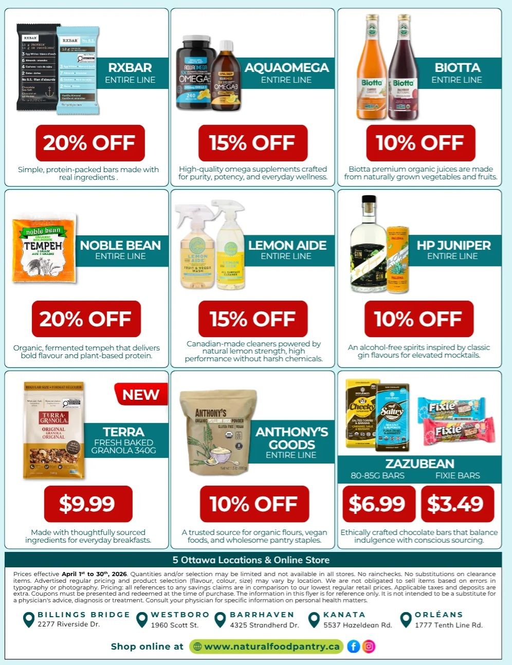 Natural Food Pantry flyer specials page 4. Featuring RXBAR entire line with 20% off, Aquaomega entire line with 15% off, Biotta entire line with 10% off. Noble Bean entire line of organic fermented tempeh is 20% off. Lemon Aide entire line of Canadian-made cleaners is 15% off. HP Juniper entire line of alcohol-free spirits is 10% off. Terra Fresh Baked Granola 340g is $9.99. Anthony's Goods entire line of organic flour, vegan foods, and pantry staples is 10% off. Zazubean 80-85g bars are $6.99 and Fixie bars are $3.49. The flyer also lists 5 Ottawa locations and online shopping at www.naturalfoodpantry.ca.
