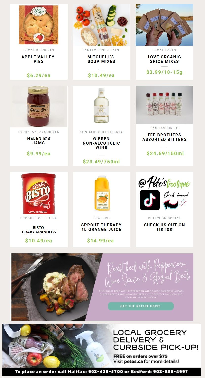 Pete's Frootique & Fine Foods weekly flyer specials, page 3. Featured items include Apple Valley Pies for $6.29/ea, Mitchell's Soup Mixes for $10.49/ea, Love Organic Spice Mixes for $3.99/10-15g, Helen B's Jams for $9.99/ea, Giesen Non-Alcoholic Wine for $23.49/750ml, and Fee Brothers Assorted Bitters for $24.69/150ml. Also available are Bisto Gravy Granules for $10.49/ea and Sprout Therapy 1L Orange Juice for $14.99/ea. The page also highlights a recipe for Roast Beef with Peppercorn Wine Sauce & Glazed Beets, and promotes local grocery delivery and curbside pick-up for free on orders over $75, with contact information for Halifax and Bedford. Pete's Frootique is also featured on TikTok.