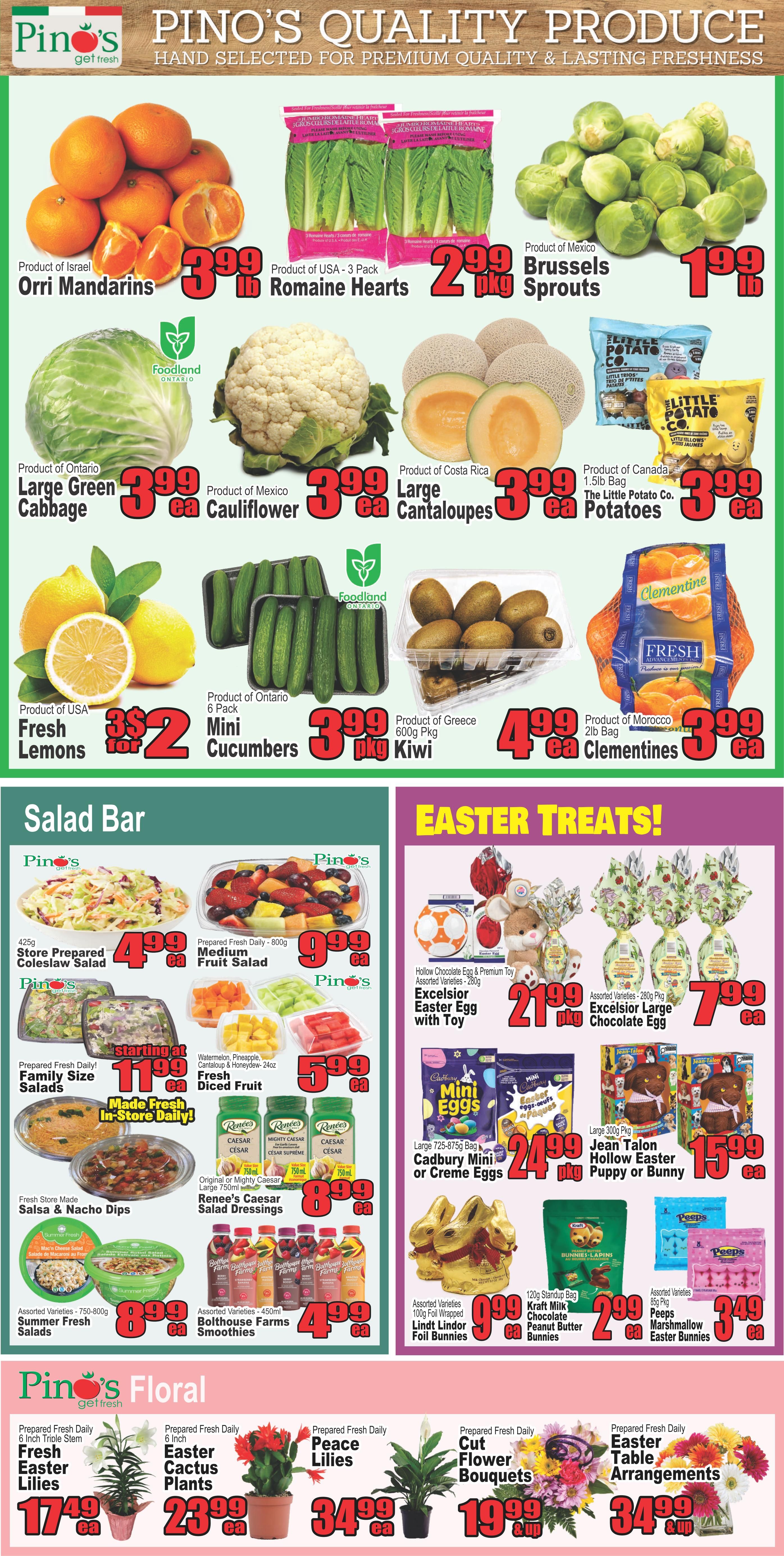 Pino's Get Fresh weekly flyer specials page 2 features a wide selection of fresh produce including Orri Mandarins from Israel for $3.99/lb, Romaine Hearts (3-pack) from the USA for $2.99/pkg, and Brussels Sprouts from Mexico for $1.99/lb. Also available are Large Green Cabbage from Ontario for $3.99 ea, Cauliflower from Mexico for $3.99 ea, Large Cantaloupes from Costa Rica for $3.99 ea, and The Little Potato Co. Potatoes (1.5lb bag) from Canada for $3.99 ea. Fresh Lemons from the USA are 2 for $2, Mini Cucumbers (6-pack) from Ontario are $3.99/pkg, 600g pkg of Kiwi from Greece are $4.99 ea, and 2lb bags of Clementines from Morocco are $3.99 ea. The Salad Bar section offers 425g Store Prepared Coleslaw Salad for $4.99 ea, 800g Medium Fruit Salad for $9.99 ea, and Family Size Salads starting at $11.99 ea. Fresh Diced Fruit (Watermelon, Pineapple, Cantaloupe & Honeydew - 24oz) is $5.99 ea. Renee's Caesar Salad Dressings (Original or Mighty Caesar Large 750ml) are $8.99 ea. Assorted Varieties of 750-800g Summer Fresh Salads are $8.99 ea, and 450ml Bolthouse Farms Smoothies are $4.99 ea. Easter Treats include Excelsior Easter Egg with Toy (Hollow Chocolate Egg & Premium Toy Assorted Varieties - 280g) for $21.99/pkg, Cadbury Mini or Creme Eggs (Large 725-875g bag) for $24.99/pkg, Jean Talon Hollow Easter Puppy or Bunny (Large 300g pkg) for $15.99 ea, Assorted Varieties 100g Foil Wrapped Lindt Linder Foil Bunnies for $9.99 ea, Kraft Milk Chocolate Peanut Butter Bunnies (120g Standup Bag) for $2.99 ea, and Assorted Varieties 85g pkg Peeps Marshmallow Easter Bunnies for $3.49 ea. The Pino's Floral section features Prepared Fresh Daily Fresh Easter Lilies (6 inch Triple Stem) for $17.49 ea, Easter Cactus Plants for $23.99 ea, Peace Lilies for $34.99 ea, Cut Flower Bouquets for $19.99 ea, and Easter Table Arrangements for $34.99 ea.