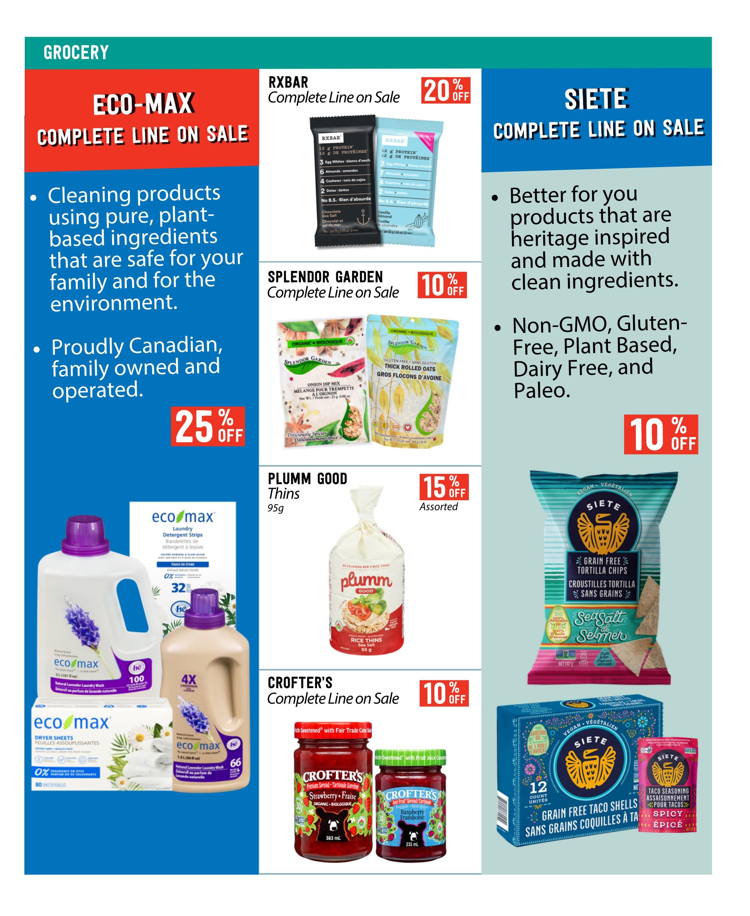 Pomme Natural Market Grocery flyer page 5 featuring Eco-Max cleaning products on sale with 25% off. Products include Eco-Max Laundry Detergent Strips and Eco-Max Natural Lavender Laundry Wash. Also on sale is RXBAR Complete Line with 20% off, Splendor Garden Complete Line with 10% off, featuring Onion Dip Mix and Thick Rolled Oats. Siete Complete Line is on sale with 10% off, showcasing Grain Free Tortilla Chips in Sea Salt flavour and Grain Free Taco Shells with Spicy Taco Seasoning. Additionally, Plumm Good Thins are 15% off assorted, and Crofter's Complete Line is on sale with 10% off, featuring Strawberry-Fraise Premium Spread and Raspberry Framboise Just Fruit Spread.