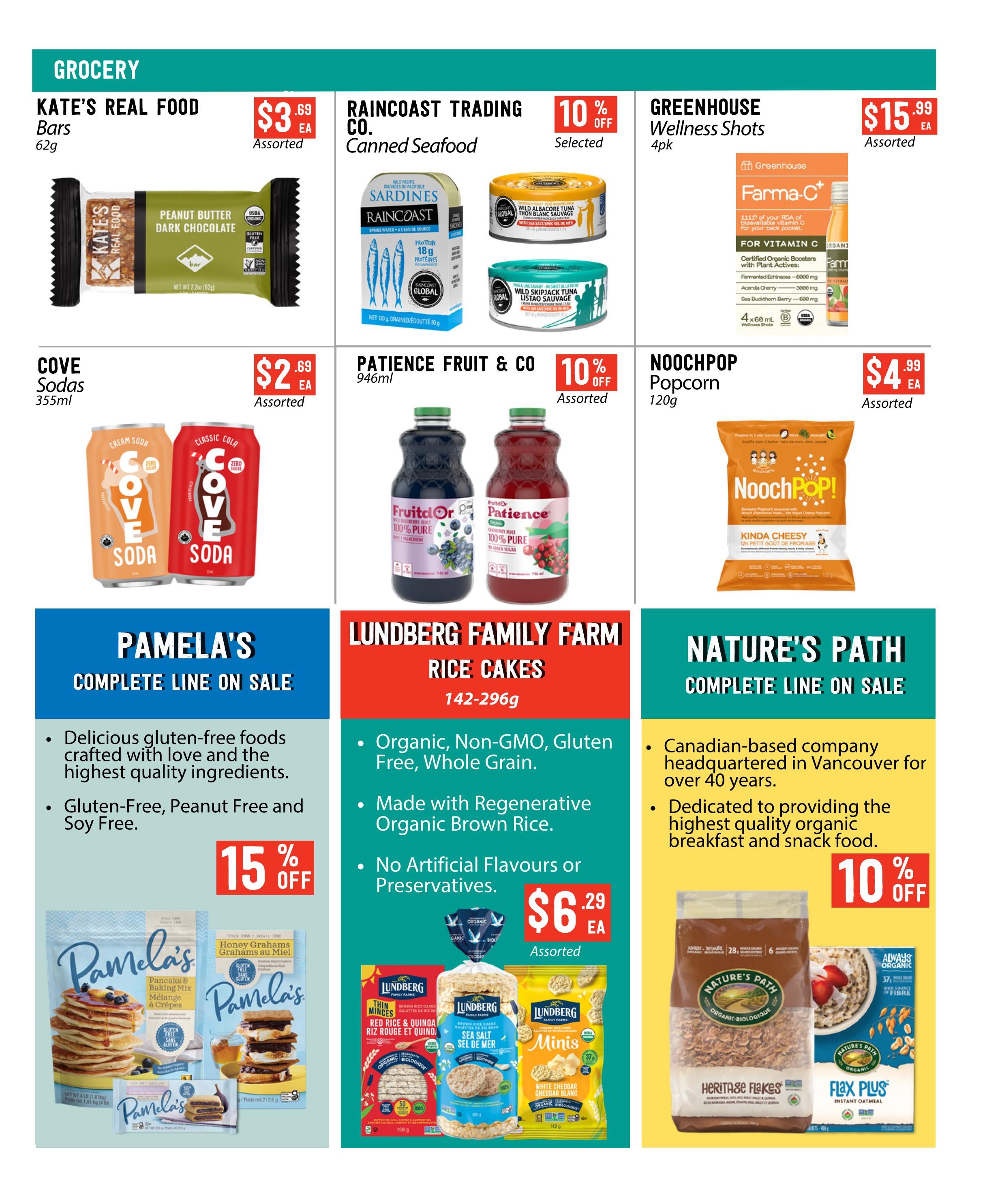 Pomme Natural Market grocery flyer page 6 featuring various deals. Top row includes Kate's Real Food Bars for $3.69, Raincoast Trading Co. Canned Seafood with 10% off selected items, and Greenhouse Wellness Shots for $15.99. Middle row showcases Cove Sodas for $2.69, Patience Fruit & Co. juices with 10% off, and Noochpop Popcorn for $4.99. The bottom section highlights 'Pamela's Complete Line on Sale' with 15% off, emphasizing gluten-free, peanut-free, and soy-free foods. Also featured is 'Lundberg Family Farm Rice Cakes' (142-296g) for $6.29, described as organic, non-GMO, gluten-free, and made with regenerative organic brown rice. Finally, 'Nature's Path Complete Line on Sale' offers 10% off, featuring their organic breakfast and snack foods like Heritage Flakes and Flax Plus Instant Oatmeal.