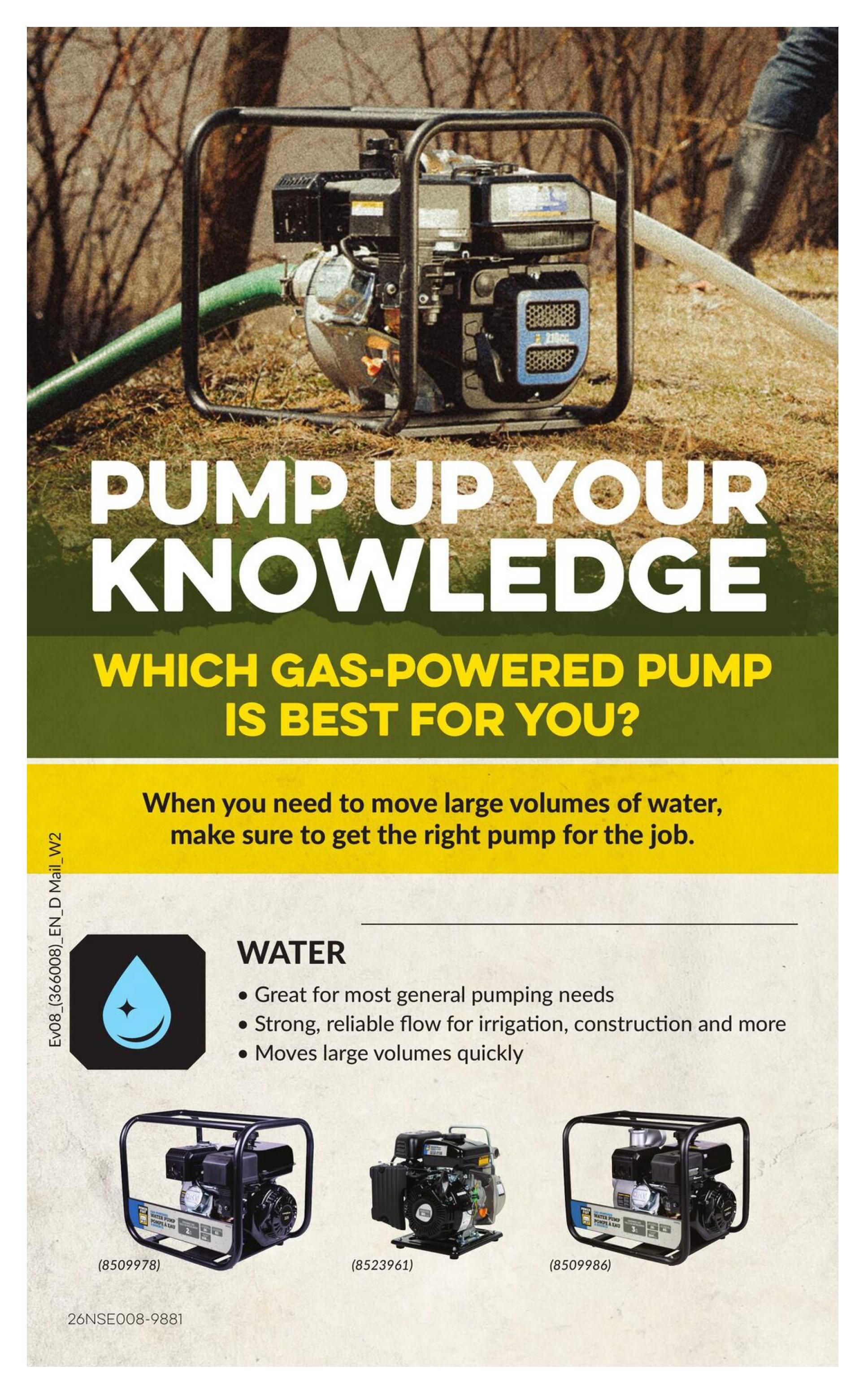 Princess Auto flyer page 4 features a guide on choosing the right gas-powered pump. The page highlights water pumps, describing them as great for general pumping needs, providing strong and reliable flow for irrigation and construction, and capable of moving large volumes quickly. Three water pumps are showcased: one with product number (8509978), another with (8523961), and a third with (8509986).