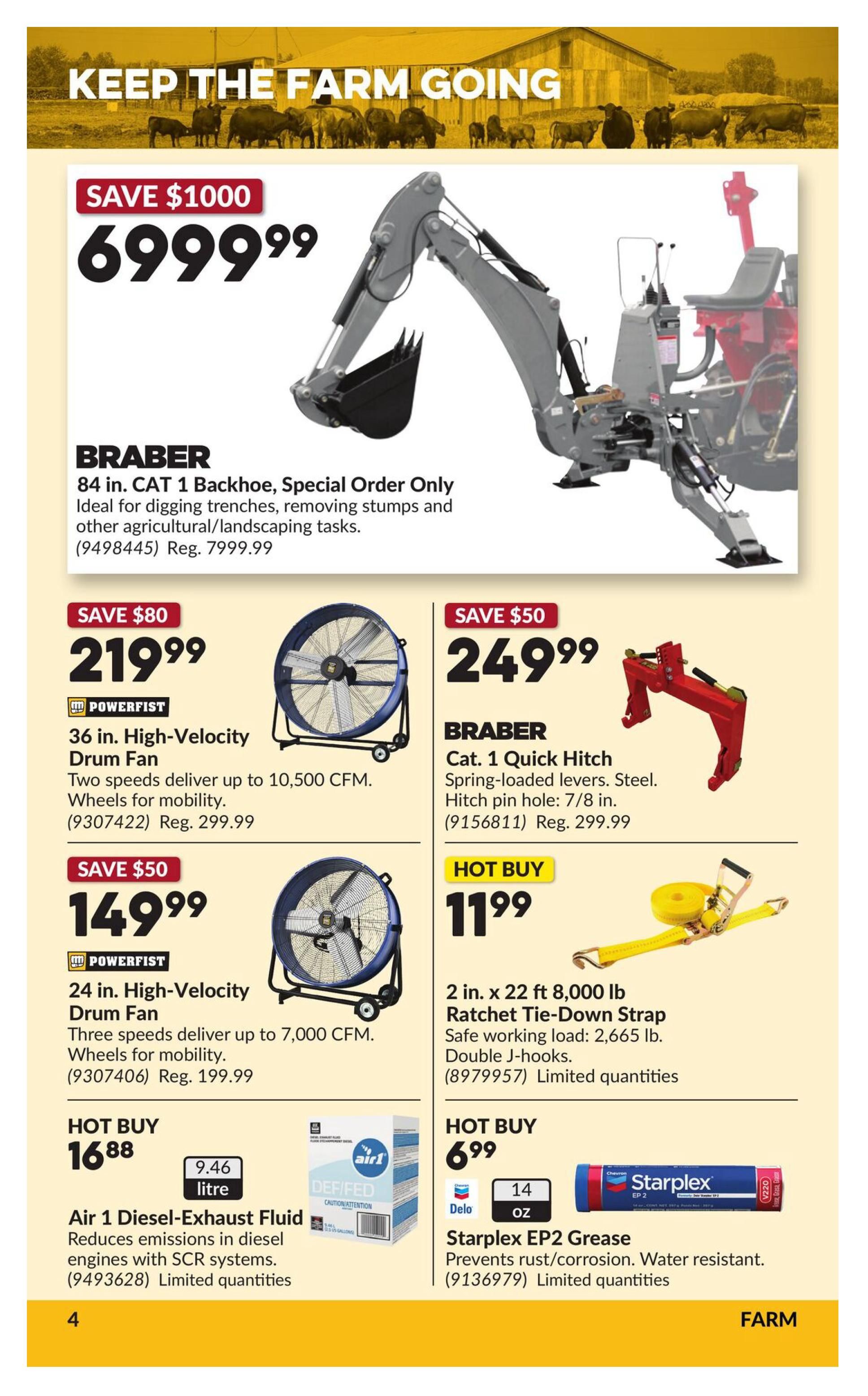 Princess Auto flyer page 4, featuring farm equipment and accessories. Top banner reads 'Keep the Farm Going'. Featured item is a BRABER 84 in. CAT 1 Backhoe, Special Order Only, for $6999.99, saving $1000. Below are two POWERFIST 36 in. High-Velocity Drum Fans for $219.99 (save $80, reg. $299.99) and a POWERFIST 24 in. High-Velocity Drum Fan for $149.99 (save $50, reg. $199.99). Also available is a BRABER Cat. 1 Quick Hitch for $249.99 (save $50, reg. $299.99). Hot Buys include a 2 in. x 22 ft 8,000 lb Ratchet Tie-Down Strap for $11.99 and Air 1 Diesel-Exhaust Fluid (9.46 litre) for $16.88. Starplex EP2 Grease (14 oz) is also a Hot Buy for $6.99. Limited quantities apply to several items.