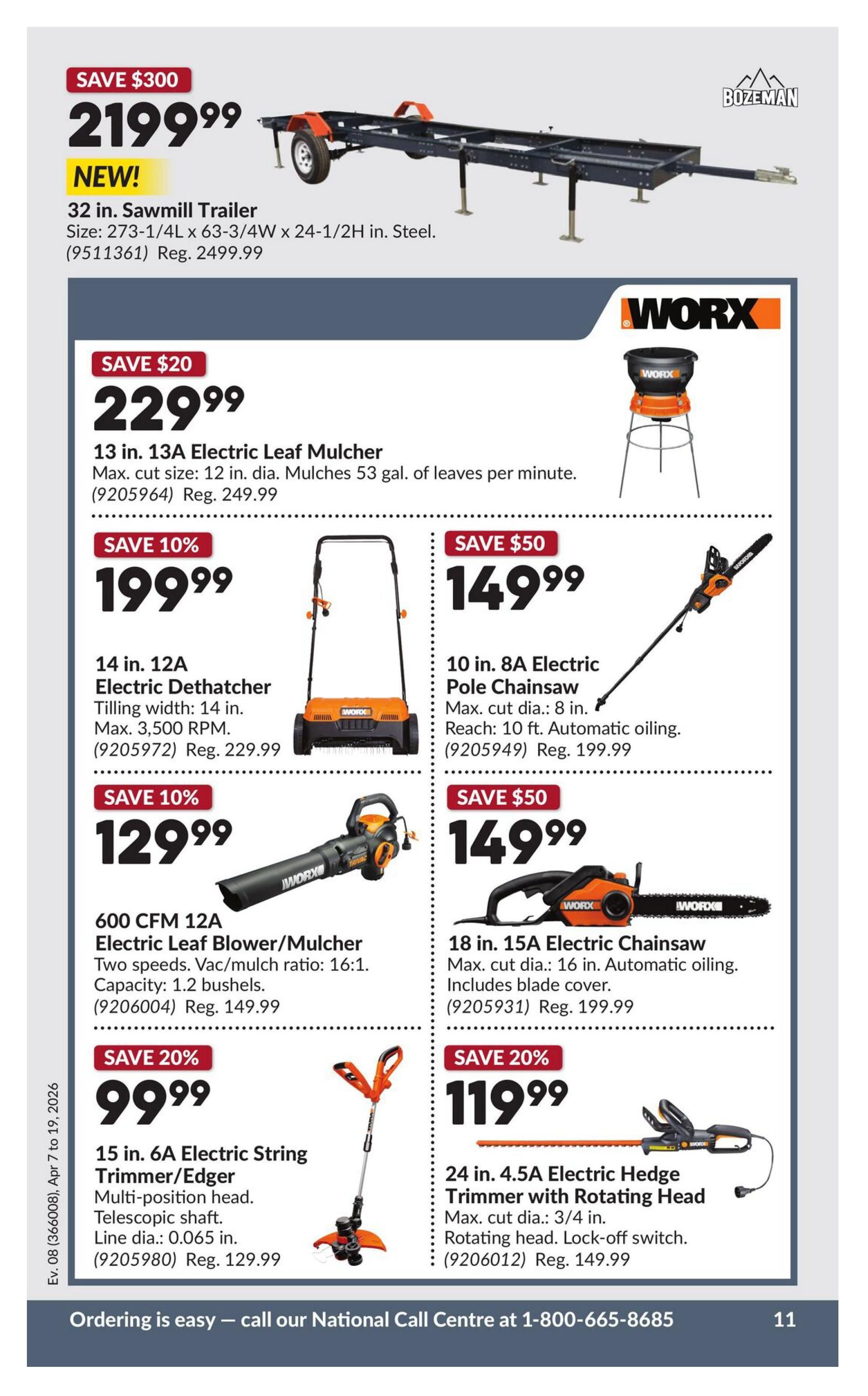 Princess Auto flyer specials page 17 features a NEW 32 in. Sawmill Trailer for $2199.99, a saving of $300 off the regular price of $2499.99. Also available is a 13 in. 13A Electric Leaf Mulcher for $229.99, save $20. A 14 in. 12A Electric Dethatcher is on sale for $199.99, save 10%. The 600 CFM 12A Electric Leaf Blower/Mulcher with two speeds and a 16:1 vac/mulch ratio is $129.99, save 10%. The 15 in. 6A Electric String Trimmer/Edger with a multi-position head and telescopic shaft is $99.99, save 20%. On the right side, a 10 in. 8A Electric Pole Chainsaw with automatic oiling is $149.99, save $50. The 18 in. 15A Electric Chainsaw with automatic oiling and blade cover is $149.99, save $50. Finally, a 24 in. 4.5A Electric Hedge Trimmer with rotating head and lock-off switch is $119.99, save 20%.