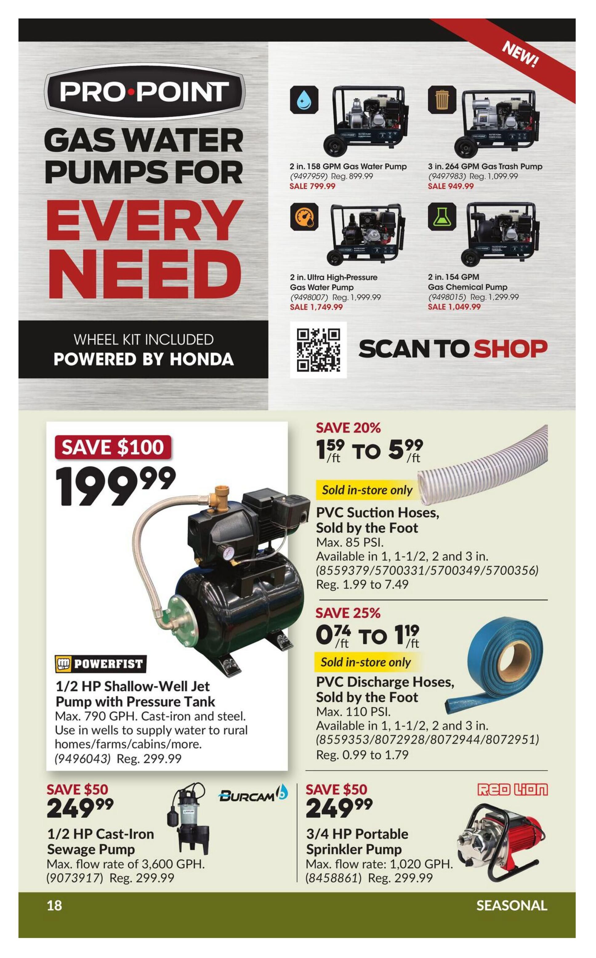 Princess Auto flyer page 24 features Pro-Point Gas Water Pumps for every need, with wheel kits included and powered by Honda. Featured pumps include a 2 in. 158 GPM Gas Water Pump on sale for $799.99, a 3 in. 264 GPM Gas Trash Pump on sale for $949.99, a 2 in. Ultra High-Pressure Gas Water Pump on sale for $1,749.99, and a 2 in. 154 GPM Gas Chemical Pump on sale for $1,049.99. The page also highlights a 1/2 HP Shallow-Well Jet Pump with Pressure Tank for $199.99 (save $100), originally $299.99. Additionally, there are PVC Suction Hoses sold by the foot, with a 20% discount, ranging from $1.59 to $5.99/ft, and PVC Discharge Hoses sold by the foot, with a 25% discount, ranging from $0.74 to $1.19/ft. Other featured items include a 1/2 HP Cast-Iron Sewage Pump for $249.99 (save $50), originally $299.99, and a 3/4 HP Portable Sprinkler Pump for $249.99 (save $50), originally $299.99. The page includes a 'Scan to Shop' QR code and indicates 'Seasonal' items.