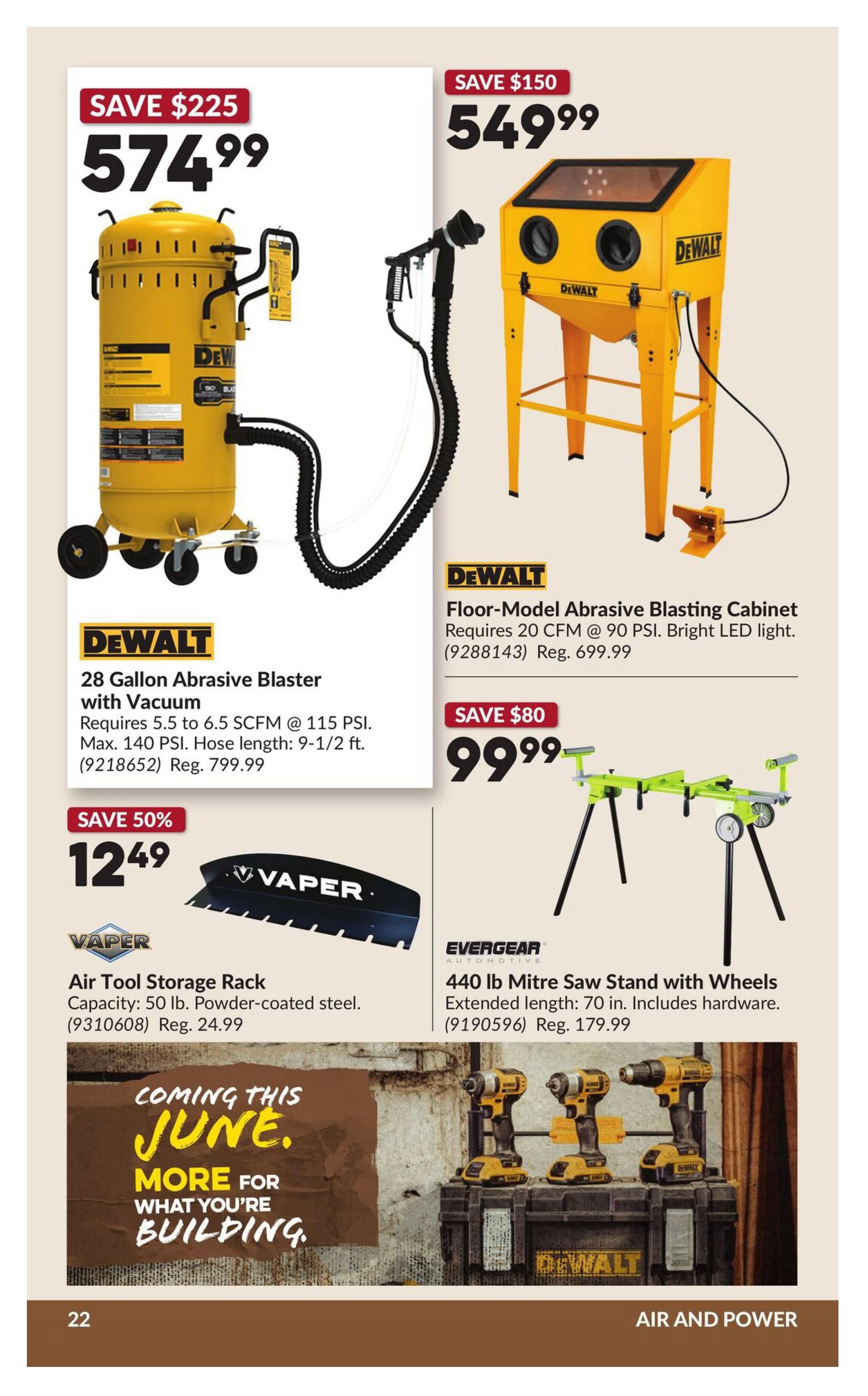 Princess Auto flyer page 28 features 'Air and Power' tools. On the left, a DeWalt 28 Gallon Abrasive Blaster with Vacuum is on sale for $574.99, saving $225 from its regular price of $799.99. It requires 5.5 to 6.5 SCFM at 115 PSI and has a max pressure of 140 PSI with a 9-1/2 ft. hose. Below, a VAPER Air Tool Storage Rack, with a 50 lb. capacity and powder-coated steel construction, is on sale for $12.49, a 50% discount from its regular price of $24.99. In the centre, a DeWALT Floor-Model Abrasive Blasting Cabinet is on sale for $549.99, saving $150 from its regular price of $699.99. It requires 20 CFM at 90 PSI and features a bright LED light. To the right, an EVERGEAR 440 lb. Mitre Saw Stand with Wheels is on sale for $99.99, saving $80 from its regular price of $179.99. It has an extended length of 70 inches and includes hardware. The bottom right shows three DeWalt cordless drills and a DeWalt tool box. A 'Coming This June' graphic advertises 'More for What You're Building.