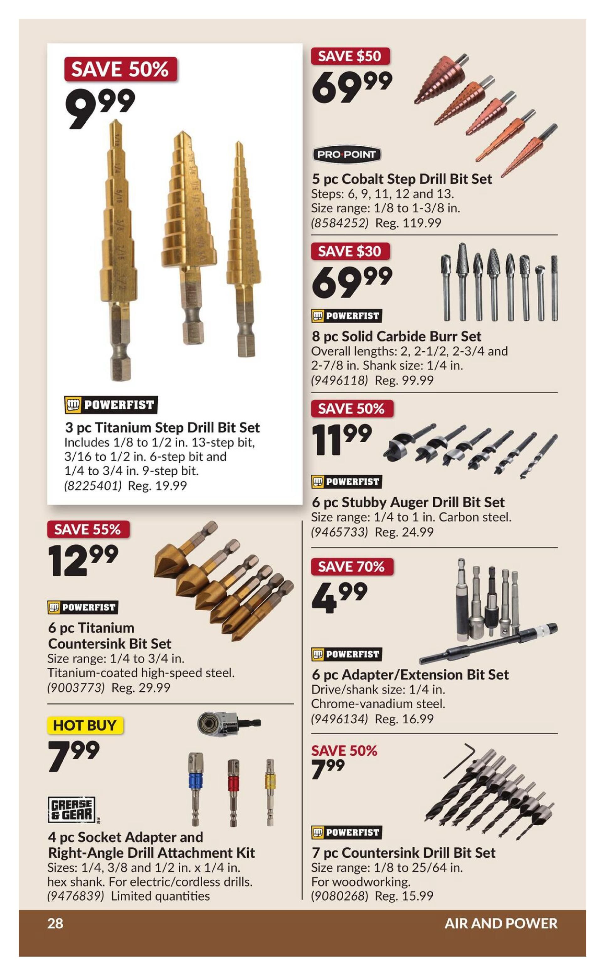 Princess Auto flyer page 34 features a selection of drill bits and socket accessories. On the left, a 3 pc Titanium Step Drill Bit Set is priced at $9.99 (Reg. $19.99). Below, a 6 pc Titanium Countersink Bit Set is on hot buy for $7.99 (Reg. $29.99). Also available is a 4 pc Socket Adapter and Right-Angle Drill Attachment Kit for $7.99, limited quantities. On the right, a 5 pc Cobalt Step Drill Bit Set is $69.99 (Reg. $119.99). A 8 pc Solid Carbide Burr Set is also $69.99 (Reg. $99.99). Further down, a 6 pc Stubby Auger Drill Bit Set is $11.99 (Reg. $24.99). A 6 pc Adapter/Extension Bit Set is $4.99 (Reg. $16.99). Finally, a 7 pc Countersink Drill Bit Set for woodworking is $7.99 (Reg. $15.99).