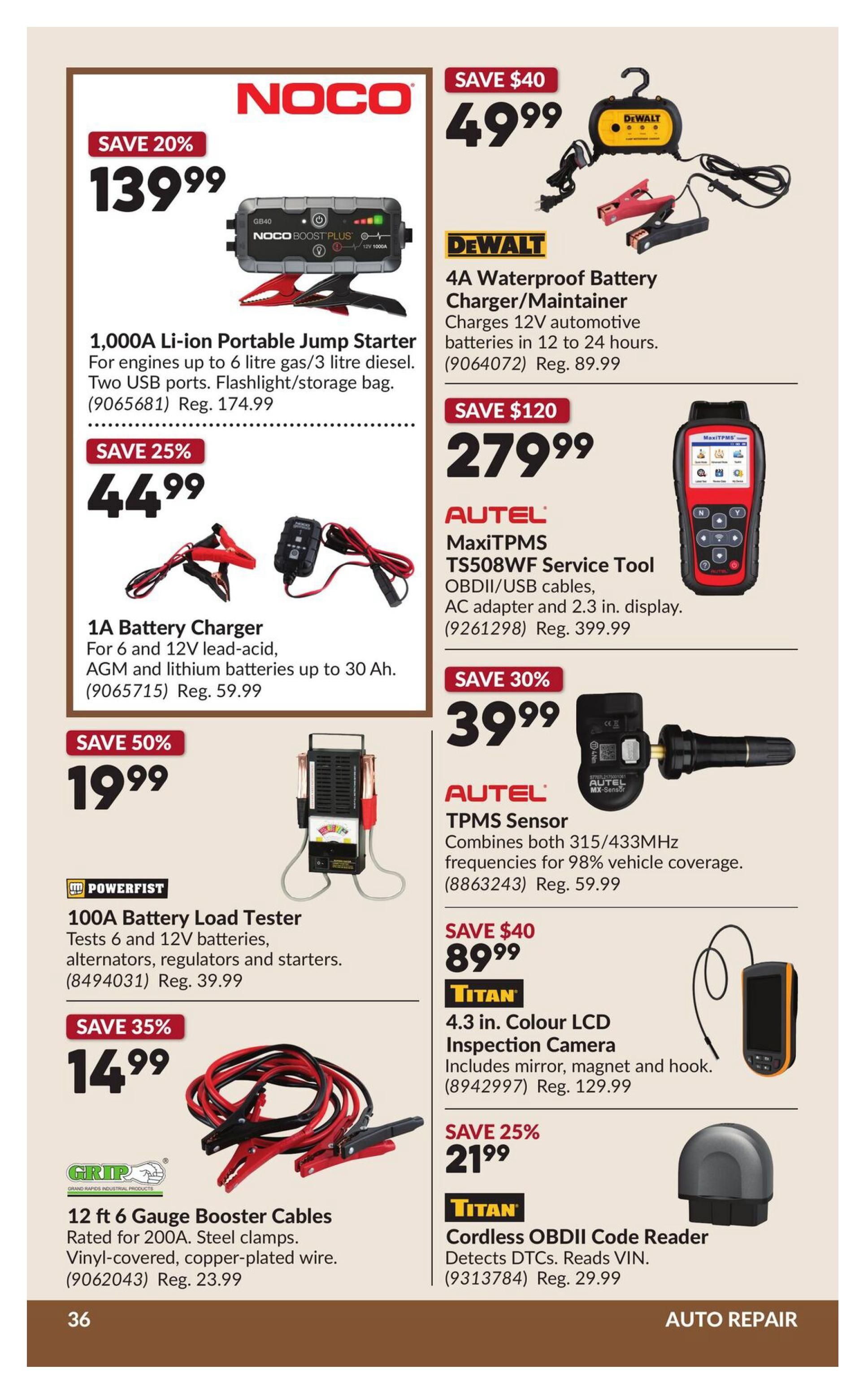 Princess Auto flyer specials page 42 features auto repair items. Top left: NOCO 1,000A Li-ion Portable Jump Starter for engines up to 6L gas/3L diesel, with two USB ports and flashlight/storage bag, on sale for $139.99 (save 20%, reg. $174.99). Below that: a 1A Battery Charger for 6 and 12V lead-acid, AGM and lithium batteries up to 30 Ah, for $44.99 (save 25%, reg. $59.99). Bottom left: POWERFIST 100A Battery Load Tester for 6 and 12V batteries, alternators, regulators and starters, for $19.99 (save 50%, reg. $39.99). Next to that: GRIP 12 ft 6 Gauge Booster Cables, rated for 200A, with steel clamps and vinyl-covered, copper-plated wire, for $14.99 (save 35%, reg. $23.99). Top right: DEWALT 4A Waterproof Battery Charger/Maintainer that charges 12V automotive batteries in 12-24 hours, for $49.99 (save $40, reg. $89.99). Below that: AUTEL MaxiTPMS TS508WF Service Tool with OBDII/USB cables, AC adapter and 2.3 in. display, for $279.99 (save $120, reg. $399.99). Next to that: AUTEL TPMS Sensor that combines 315/433MHz frequencies for 98% vehicle coverage, for $39.99 (save 30%, reg. $59.99). Bottom right: TITAN 4.3 in. Colour LCD Inspection Camera with mirror, magnet and hook, for $89.99 (save $40, reg. $129.99). Below that: TITAN Cordless OBDII Code Reader that detects DTCs and reads VIN, for $21.99 (save 25%, reg. $29.99).