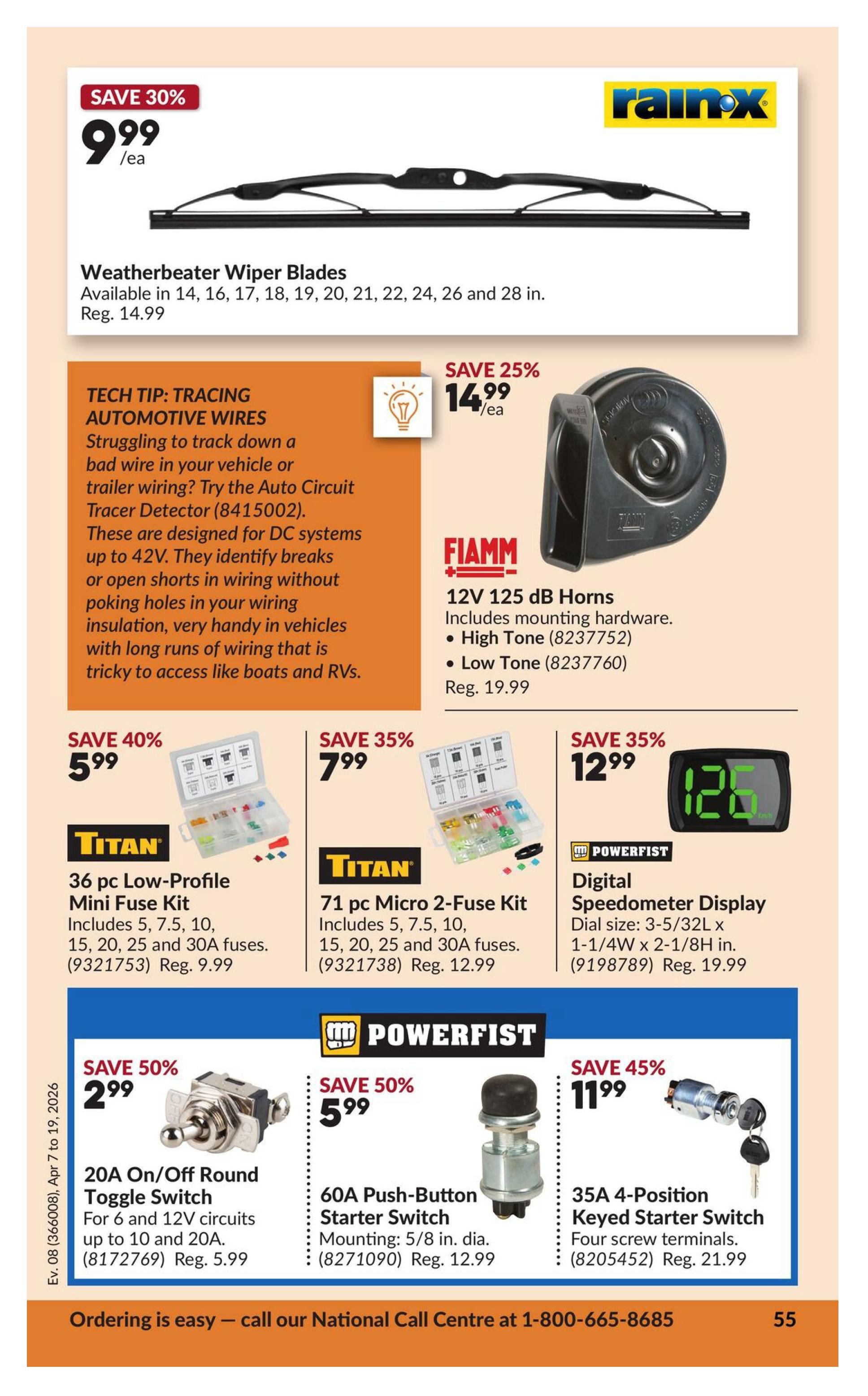 Princess Auto flyer specials page 61 features Rain-X Weatherbeater Wiper Blades on sale for 30% off at $9.99 each, available in multiple sizes. A tech tip highlights the Auto Circuit Tracer Detector (8415002) for tracing automotive wires. FIAMM 12V 125 dB Horns are 25% off at $14.99. Titan 36 pc Low-Profile Mini Fuse Kits are 40% off at $5.99 and Titan 71 pc Micro 2-Fuse Kits are 35% off at $7.99. Powerfist Digital Speedometer Displays are 35% off at $12.99. Also featured are Powerfist 20A On/Off Round Toggle Switches for 50% off at $2.99, 60A Push-Button Starter Switches for 50% off at $5.99, and 35A 4-Position Keyed Starter Switches for 45% off at $11.99. The flyer is valid from April 7 to April 19, 2026. Contact the National Call Centre at 1-800-665-8685 for ordering.