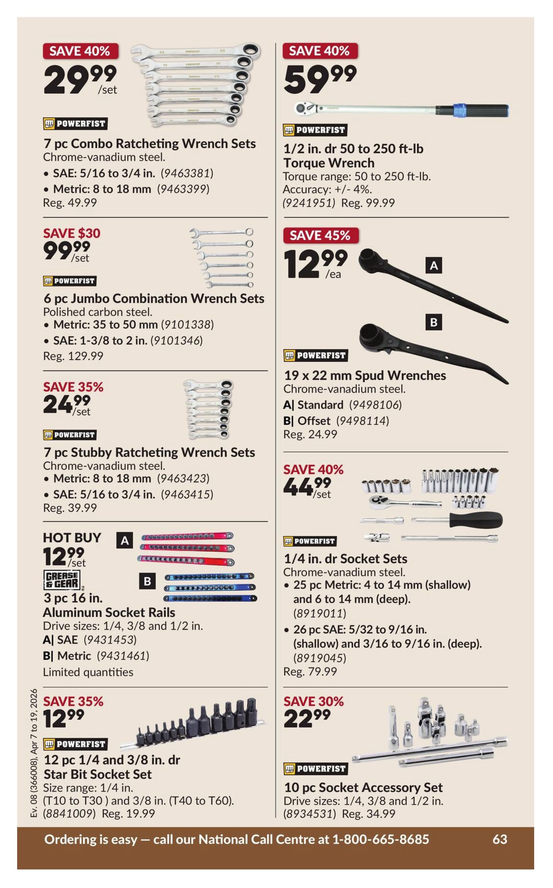 Princess Auto flyer page 69 features various tool specials. Save 40% on a 7 pc Combo Ratcheting Wrench Set for $29.99/set, including SAE 5/16 to 3/4 in. and Metric 8 to 18 mm sizes. Also save $30 on a 6 pc Jumbo Combination Wrench Set for $99.99/set, with Metric 35 to 50 mm and SAE 1-3/8 to 2 in. options. Save 35% on a 7 pc Stubby Ratcheting Wrench Set for $24.99/set, with Metric 8 to 18 mm and SAE 5/16 to 3/4 in. sizes. A 'Hot Buy' features a 3 pc 16 in. Aluminum Socket Rail set for $12.99/set, available in SAE and Metric. Save 35% on a 12 pc 1/4 and 3/8 in. dr Star Bit Socket Set for $12.99, with sizes from T10 to T60. On the right side, save 40% on a 1/2 in. dr 50 to 250 ft-lb Torque Wrench for $59.99, with a regular price of $99.99. Save 45% on a 19 x 22 mm Spud Wrenches set for $12.99/ea, available in Standard and Offset. Save 40% on a 1/4 in. dr Socket Sets for $44.99/set, including 25 pc Metric and 26 pc SAE sets. Finally, save 30% on a 10 pc Socket Accessory Set for $22.99, with drive sizes 1/4, 3/8 and 1/2 in.