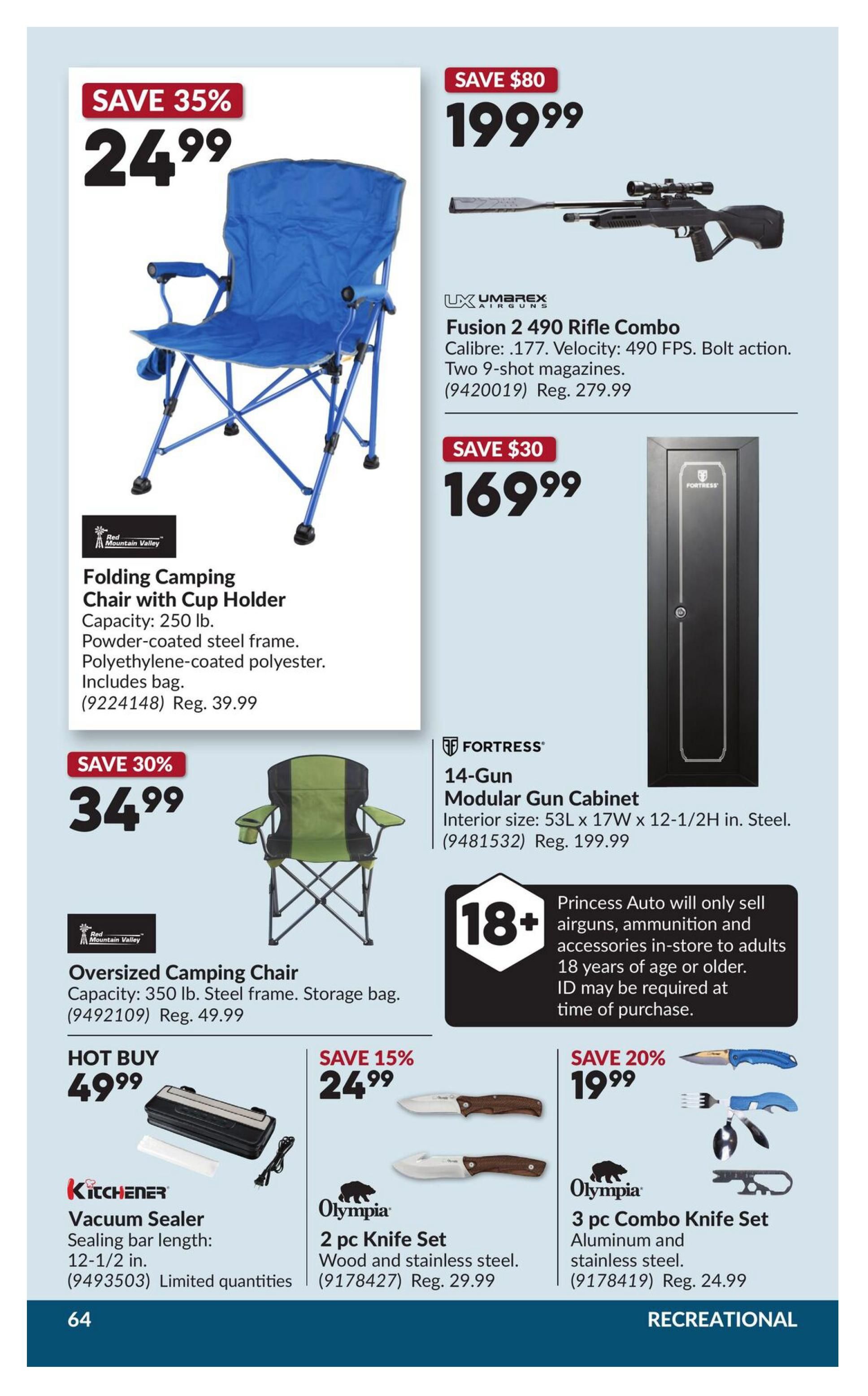Princess Auto flyer specials page 71 features a blue Folding Camping Chair with Cup Holder on sale for $24.99 (Save 35%), with a capacity of 250 lb and a powder-coated steel frame. Also available is an Oversized Camping Chair for $34.99 (Save 30%), with a 350 lb capacity and storage bag. The Umarex Fusion 2 490 Rifle Combo is priced at $199.99 (Save $80), featuring .177 calibre, 490 FPS velocity, bolt action, and two 9-shot magazines. A Fortress 14-Gun Modular Gun Cabinet is on sale for $169.99 (Save $30), with interior dimensions of 53L x 17W x 12-1/2H in. steel. A Kitchener Vacuum Sealer is a hot buy at $49.99, with a 12-1/2 in. sealing bar length. Two Olympia knife sets are featured: a 2 pc Knife Set for $24.99 (Save 15%), made of wood and stainless steel, and a 3 pc Combo Knife Set for $19.99 (Save 20%), made of aluminum and stainless steel. A notice states that Princess Auto will only sell airguns, ammunition and accessories in-store to adults 18 years of age or older, with ID required at time of purchase. The page is labelled RECREATIONAL.