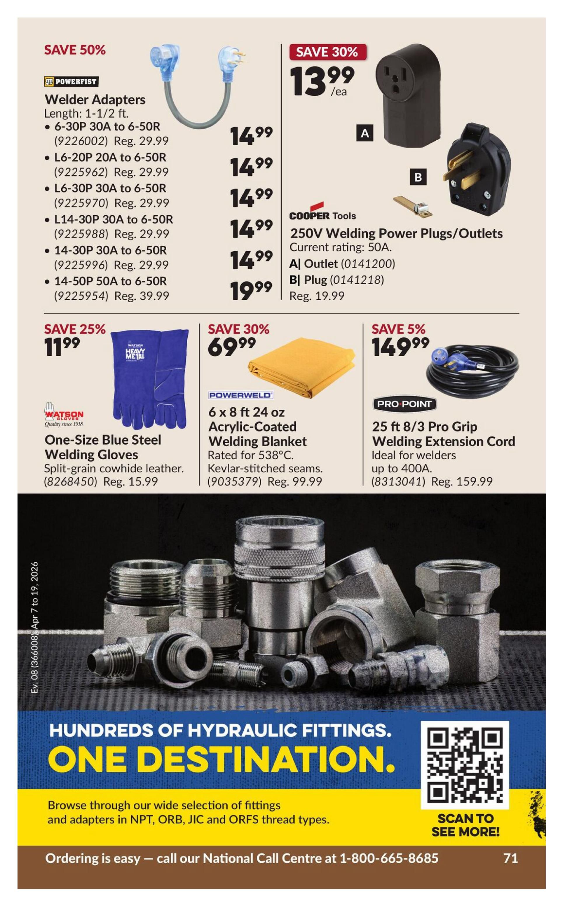 Princess Auto flyer specials page 78. Save 50% on Powerfist Welder Adapters, available in various configurations like 6-30P 30A to 6-50R for $14.99 (Reg. $29.99) and 14-50P 50A to 6-50R for $19.99 (Reg. $39.99). Save 30% on Cooper Tools 250V Welding Power Plugs/Outlets, 50A current rating, including A) Outlet for $13.99/ea (Reg. $19.99) and B) Plug. Save 25% on Watson One-Size Blue Steel Welding Gloves made of split-grain cowhide leather for $11.99 (Reg. $15.99). Save 30% on Powerweld 6 x 8 ft 24 oz Acrylic-Coated Welding Blanket rated for 538°C with Kevlar-stitched seams for $69.99 (Reg. $99.99). Save 5% on Pro Point 25 ft 8/3 Pro Grip Welding Extension Cord, ideal for welders up to 400A, for $149.99 (Reg. $159.99). The page also features a large section on hundreds of hydraulic fittings and adapters in NPT, ORB, JIC, and ORFS thread types, with a call to action to scan to see more and call the National Call Centre at 1-800-665-8685 for ordering.
