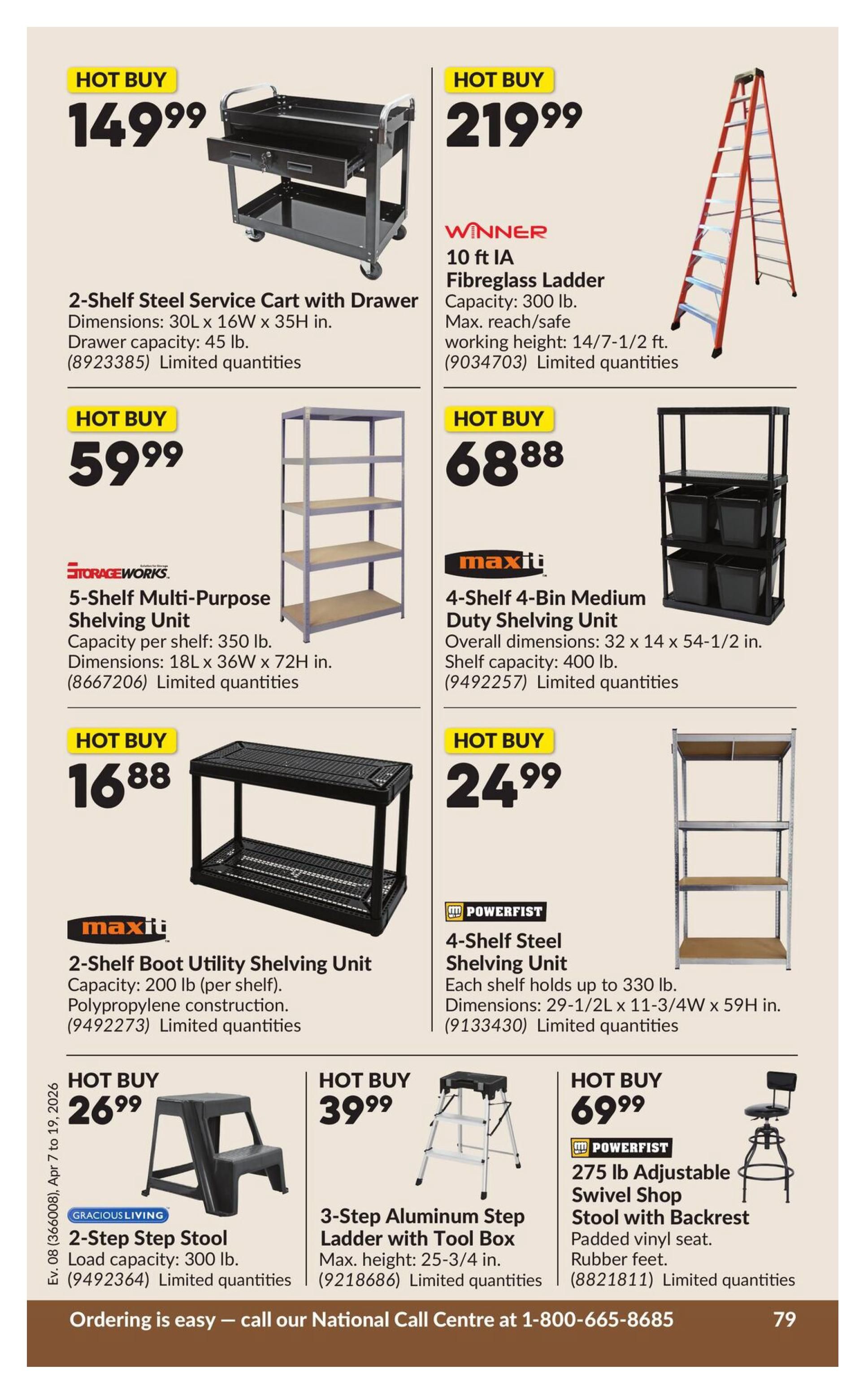 Princess Auto flyer specials page 86 features hot buys including a 2-Shelf Steel Service Cart with Drawer for $149.99, a 10 ft IA Winner fibreglass ladder for $219.99, a 5-Shelf Multi-Purpose Shelving Unit for $59.99, and a 4-Shelf 4-Bin Medium Duty Shelving Unit for $68.88. Also available are a 2-Shelf Boot Utility Shelving Unit for $16.88, a 4-Shelf Steel Shelving Unit for $24.99, a Gracious Living 2-Step Step Stool for $26.99, a 3-Step Aluminum Step Ladder with Tool Box for $39.99, and a Powerfist 275 lb Adjustable Swivel Shop Stool with Backrest for $69.99. Ordering information and a national call centre number are also displayed.