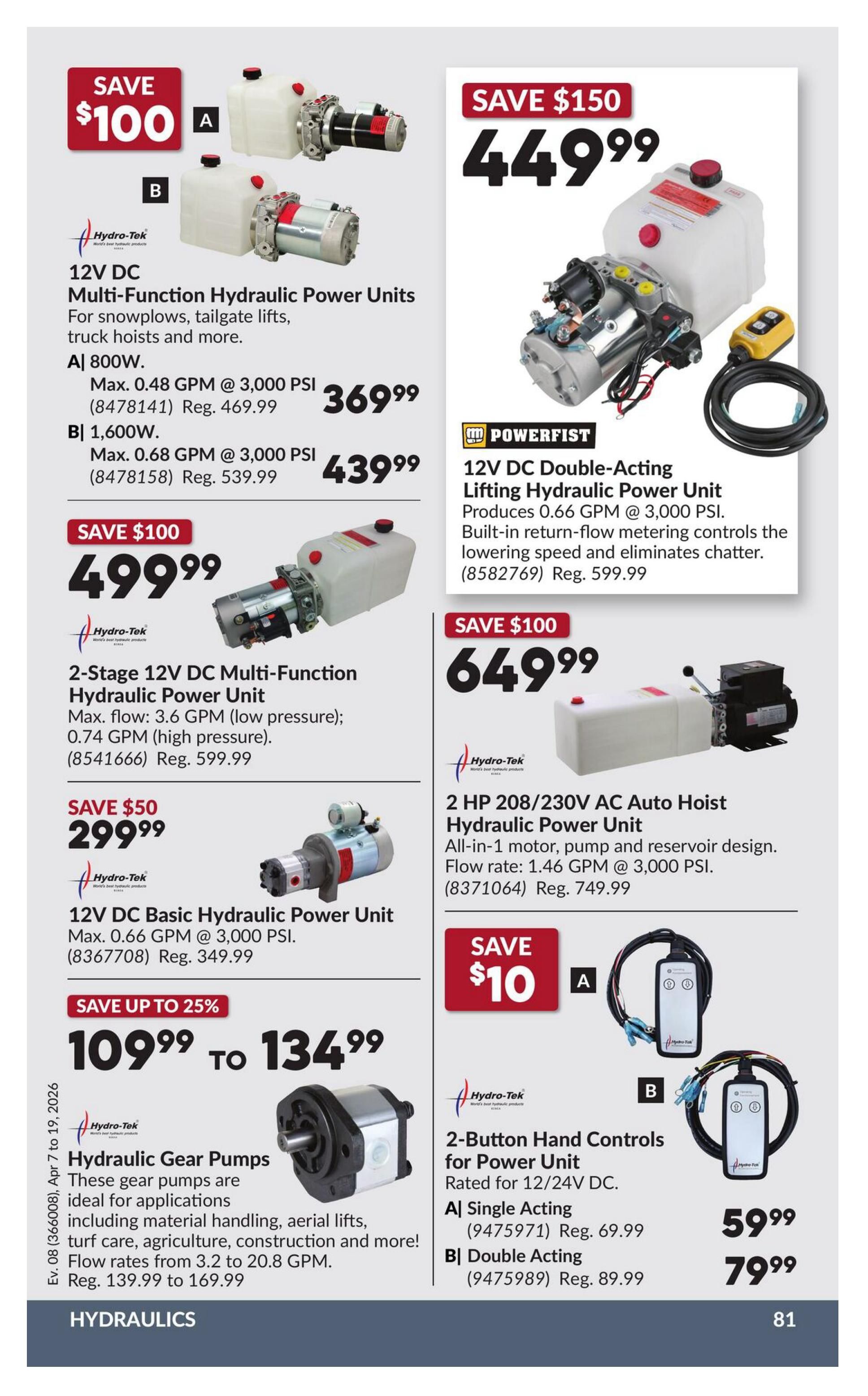 Princess Auto flyer specials page 88 features various hydraulic power units and accessories. On the left, save $100 on Hydro-Tek 12V DC Multi-Function Hydraulic Power Units: Model A (800W) is $369.99 (reg. $469.99) and Model B (1,600W) is $439.99 (reg. $539.99). Also, save $100 on a 2-Stage 12V DC Multi-Function Hydraulic Power Unit for $499.99 (reg. $599.99). Save $50 on a Hydro-Tek 12V DC Basic Hydraulic Power Unit for $299.99 (reg. $349.99). Hydraulic Gear Pumps are on sale from $109.99 to $134.99 (reg. $139.99 to $169.99), ideal for material handling, aerial lifts, turf care, and agriculture. On the right, save $150 on a POWERFIST 12V DC Double-Acting Lifting Hydraulic Power Unit for $449.99. Save $100 on a Hydro-Tek 2 HP 208/230V AC Auto Hoist Hydraulic Power Unit for $649.99 (reg. $749.99). Hydro-Tek 2-Button Hand Controls for Power Units are rated for 12/24V DC: Model A Single Acting is $59.99 (reg. $69.99) and Model B Double Acting is $79.99 (reg. $89.99).