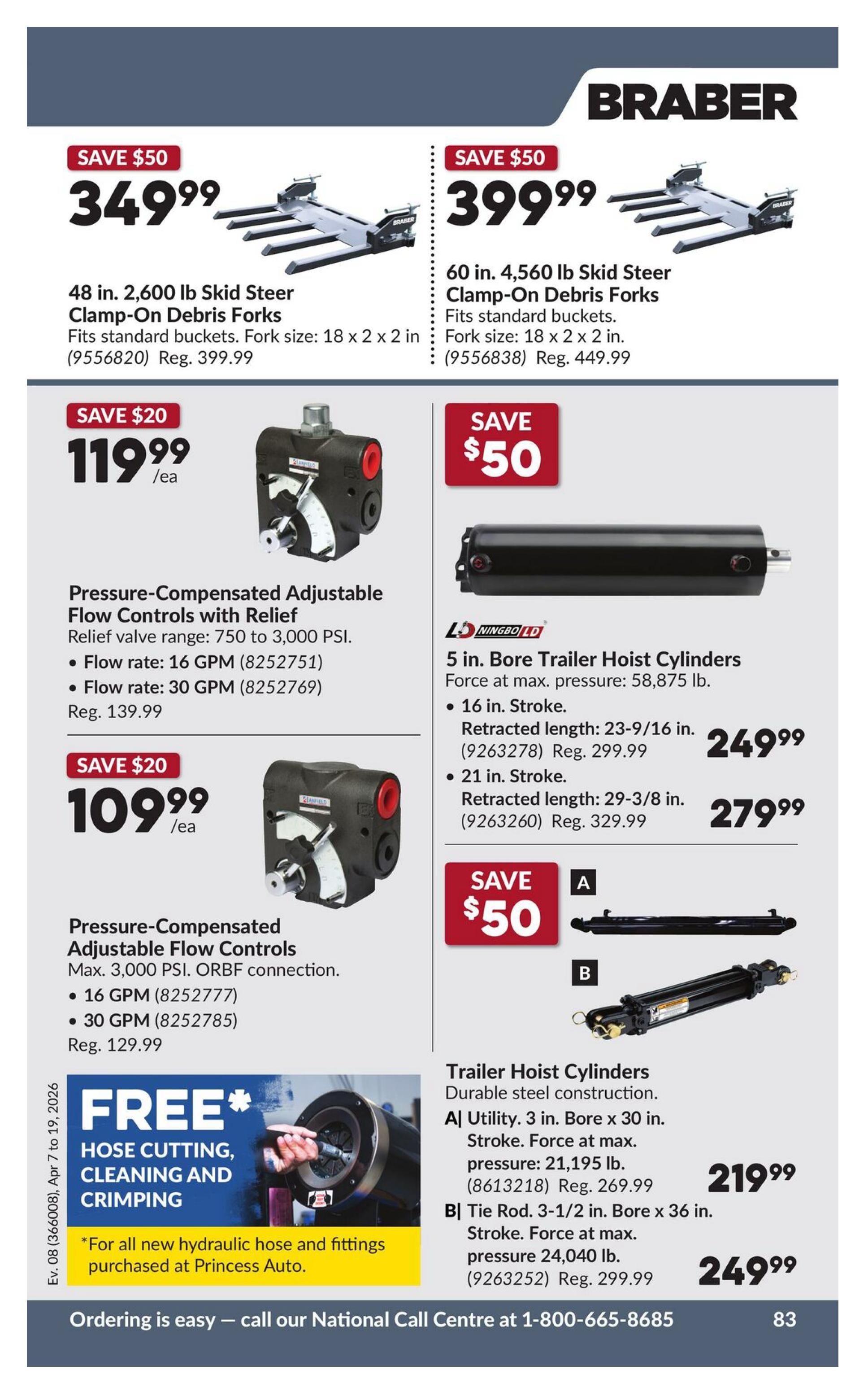 Princess Auto flyer page 90 featuring Braber products. Save $50 on 48 in. 2,600 lb Skid Steer Clamp-On Debris Forks, now $349.99 (Reg. $399.99). Save $50 on 60 in. 4,560 lb Skid Steer Clamp-On Debris Forks, now $399.99 (Reg. $449.99). Save $20 on Pressure-Compensated Adjustable Flow Controls with Relief, available in 16 GPM (8252751) and 30 GPM (8252769), now $119.99/ea (Reg. $139.99). Save $20 on Pressure-Compensated Adjustable Flow Controls with 16 GPM (8252777) and 30 GPM (8252785) flow rates, now $109.99/ea (Reg. $129.99). Save $50 on 5 in. Bore Trailer Hoist Cylinders: A) Utility, 3 in. Bore x 30 in. Stroke, now $219.99 (Reg. $269.99), and B) Tie Rod, 3-1/2 in. Bore x 36 in. Stroke, now $249.99 (Reg. $299.99). Also features FREE hose cutting, cleaning, and crimping with purchase of new hydraulic hose and fittings. Page valid April 7 to April 19, 2026.