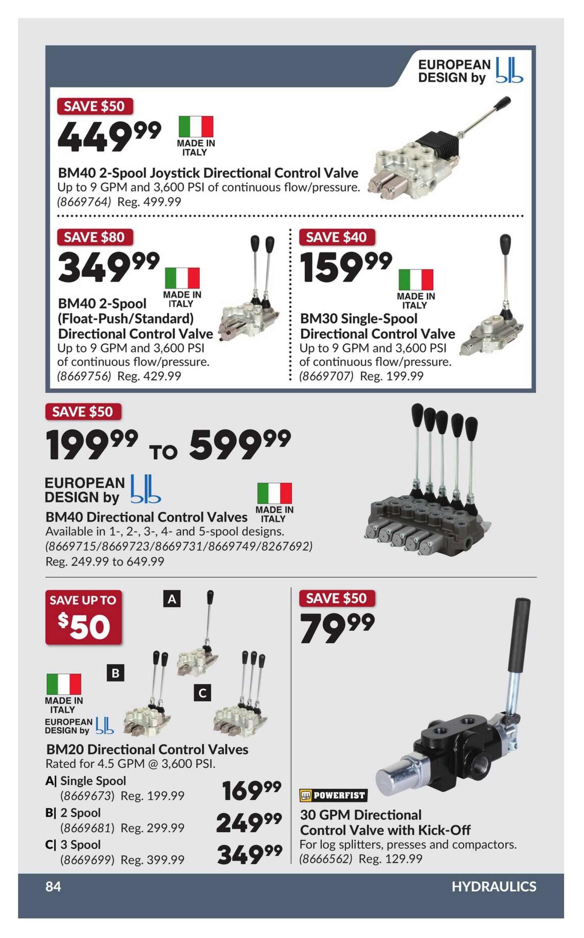 Princess Auto flyer page 84 featuring hydraulics. Save $50 on the BM40 2-Spool Joystick Directional Control Valve, priced at $449.99, with a regular price of $499.99. Save $80 on the BM40 2-Spool (Float-Push/Standard) Directional Control Valve for $349.99 (regular $429.99). Save $40 on the BM30 Single-Spool Directional Control Valve for $159.99 (regular $199.99). BM40 Directional Control Valves are available in 1-, 2-, 3-, 4-, and 5-spool designs, priced from $199.99 to $599.99 (regular $249.99 to $649.99). Save up to $50 on BM20 Directional Control Valves rated for 4.5 GPM at 3,600 PSI. The Single Spool is $169.99 (regular $199.99), the 2 Spool is $249.99 (regular $299.99), and the 3 Spool is $349.99 (regular $399.99). Also featured is the Powerfist 30 GPM Directional Control Valve with Kick-Off for log splitters, presses and compactors, priced at $79.99 (regular $129.99).