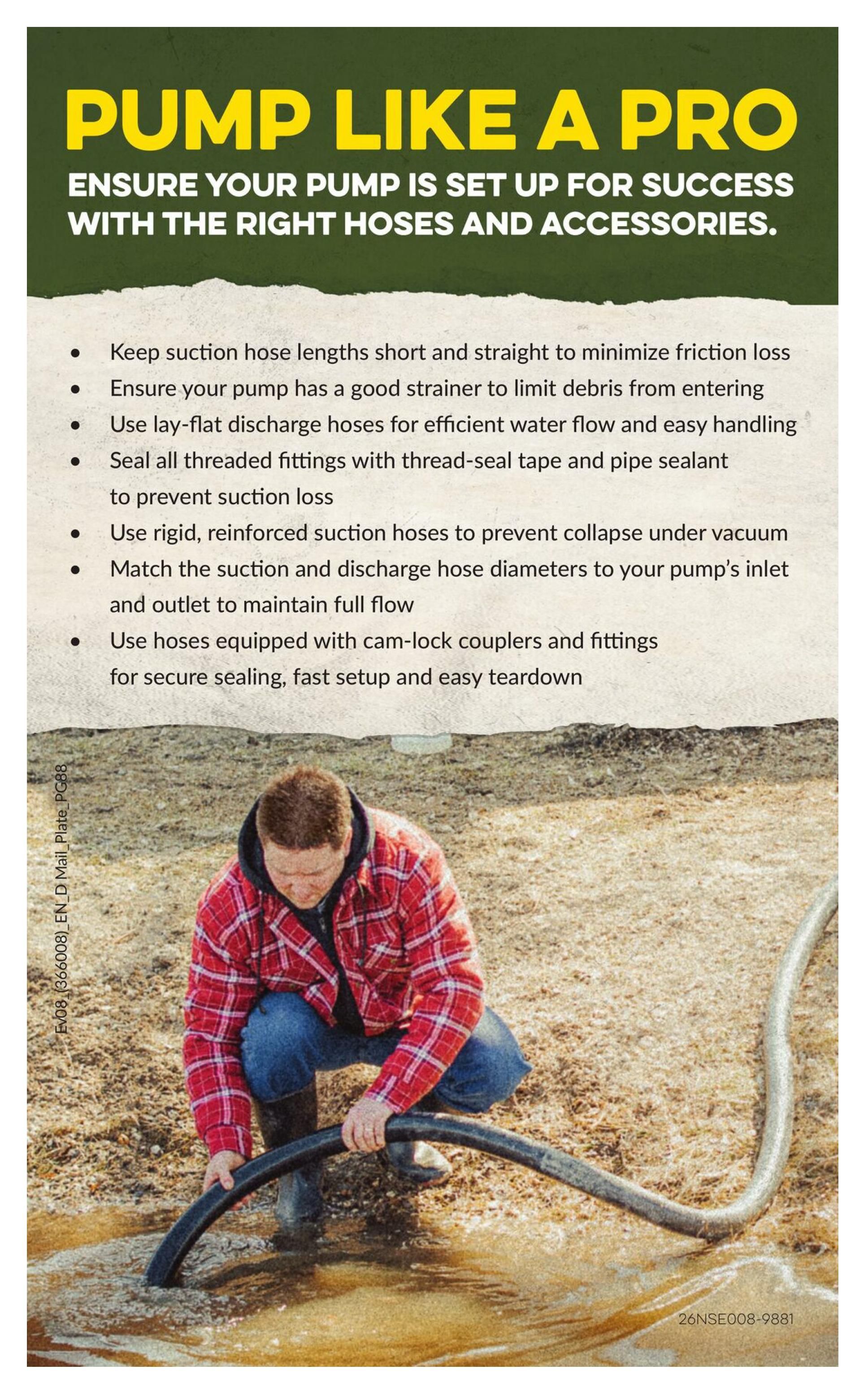 Princess Auto flyer page 95, 'Pump Like a Pro' section with tips for setting up your pump with the right hoses and accessories. Tips include keeping suction hose lengths short and straight, using a good strainer, employing lay-flat discharge hoses, sealing threaded fittings, using rigid reinforced suction hoses, matching hose diameters to pump inlet and outlet, and using cam-lock couplers and fittings for secure sealing and fast setup. The page features an image of a man in a red plaid shirt and jeans, kneeling by a muddy puddle, holding a black suction hose.