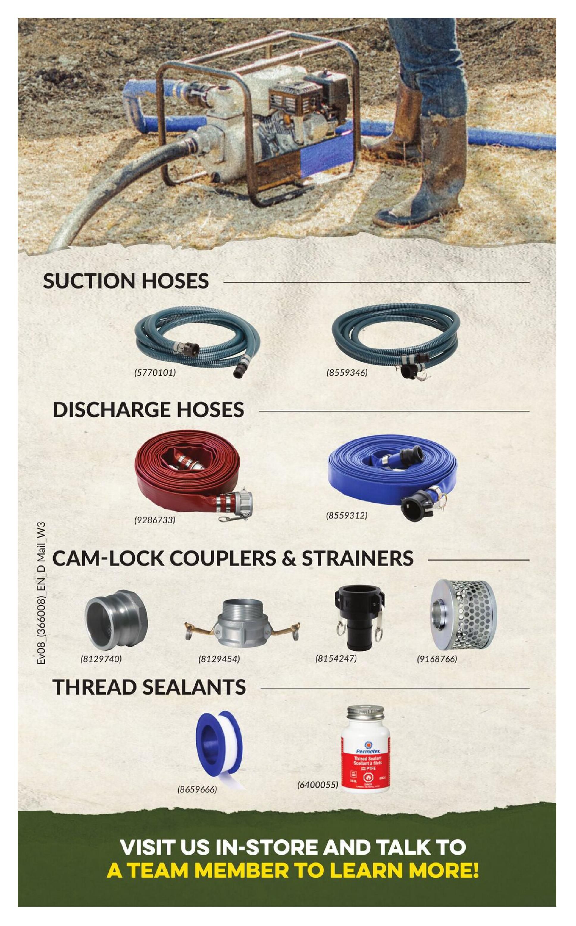 Princess Auto flyer specials page 96 features various hoses, couplers, strainers, and thread sealants. Products include suction hoses (item 5770101 and 8559346), discharge hoses (item 9286733 and 8559312), cam-lock couplers & strainers (items 8129740, 8129454, 8154247, and 9168766), and thread sealants including PTFE tape (item 8659666) and Permatex thread sealant (item 6400055). The page also includes an image of a water pump in use and a call to action to visit in-store and talk to a team member to learn more.