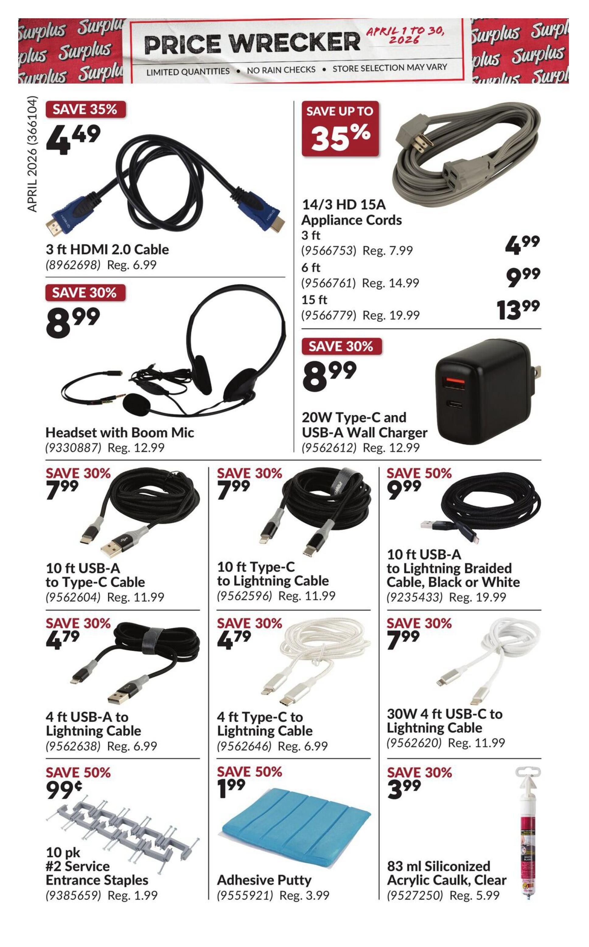 Princess Auto Price Wrecker flyer, page 5. Featured items include a 3 ft HDMI 2.0 Cable on sale for $4.49 (save 35%), a headset with boom mic for $8.99 (save 30%), and 10 pk #2 Service Entrance Staples for $0.99 (save 50%). Also available are 14/3 HD 15A Appliance Cords in 3 ft for $4.99, 6 ft for $9.99, and 15 ft for $13.99. Other deals include a 20W Type-C and USB-A Wall Charger for $8.99 (save 30%), a 10 ft USB-A to Type-C Cable for $7.99 (save 30%), a 10 ft Type-C to Lightning Cable for $7.99 (save 30%), a 10 ft USB-A to Lightning Braided Cable in black or white for $7.99 (save 30%), a 4 ft USB-A to Lightning Cable for $4.79 (save 30%), a 4 ft Type-C to Lightning Cable for $4.79 (save 30%), a 30W 4 ft USB-C to Lightning Cable for $3.99 (save 30%), Adhesive Putty for $1.99 (save 50%), and 83 ml Siliconized Acrylic Caulk, Clear for $3.99 (save 30%).