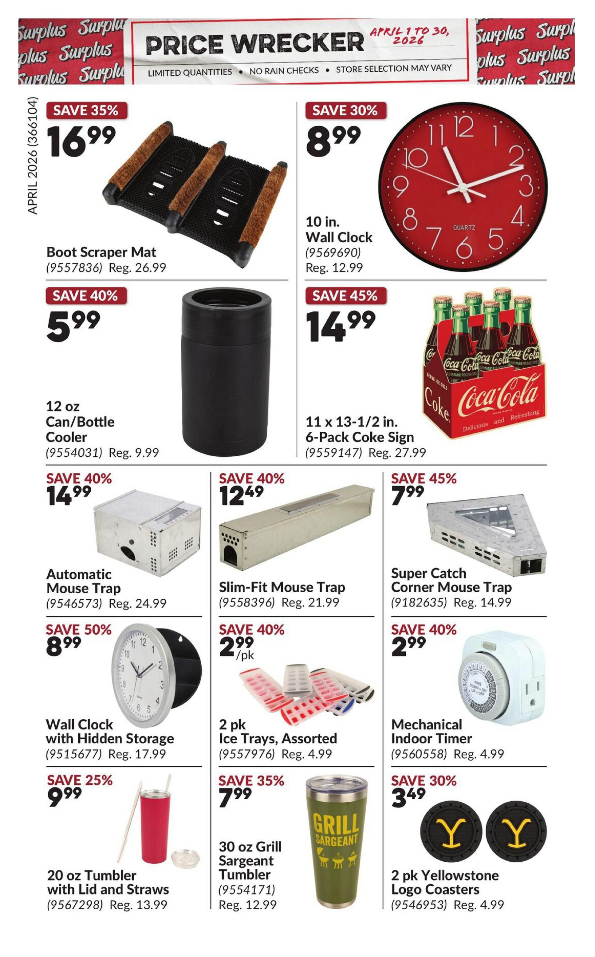 Princess Auto Price Wrecker flyer, page 10. Featured items include a Boot Scraper Mat on sale for $16.99 (Save 35%), a 10-inch Wall Clock for $8.99 (Save 30%), a 12 oz Can/Bottle Cooler for $5.99 (Save 40%), and an 11 x 13-1/2 inch 6-Pack Coke Sign for $14.99 (Save 45%). Also available are an Automatic Mouse Trap for $14.99 (Save 40%), a Slim-Fit Mouse Trap for $12.49 (Save 40%), and a Super Catch Corner Mouse Trap for $7.99 (Save 45%). Additional deals include a Wall Clock with Hidden Storage for $8.99 (Save 50%), 2 pk Ice Trays for $2.99/pk (Save 40%), a Mechanical Indoor Timer for $2.99 (Save 40%), a 20 oz Tumbler with Lid and Straws for $9.99 (Save 25%), a 30 oz Grill Sargeant Tumbler for $7.99 (Save 35%), and 2 pk Yellowstone Logo Coasters for $3.49 (Save 30%).