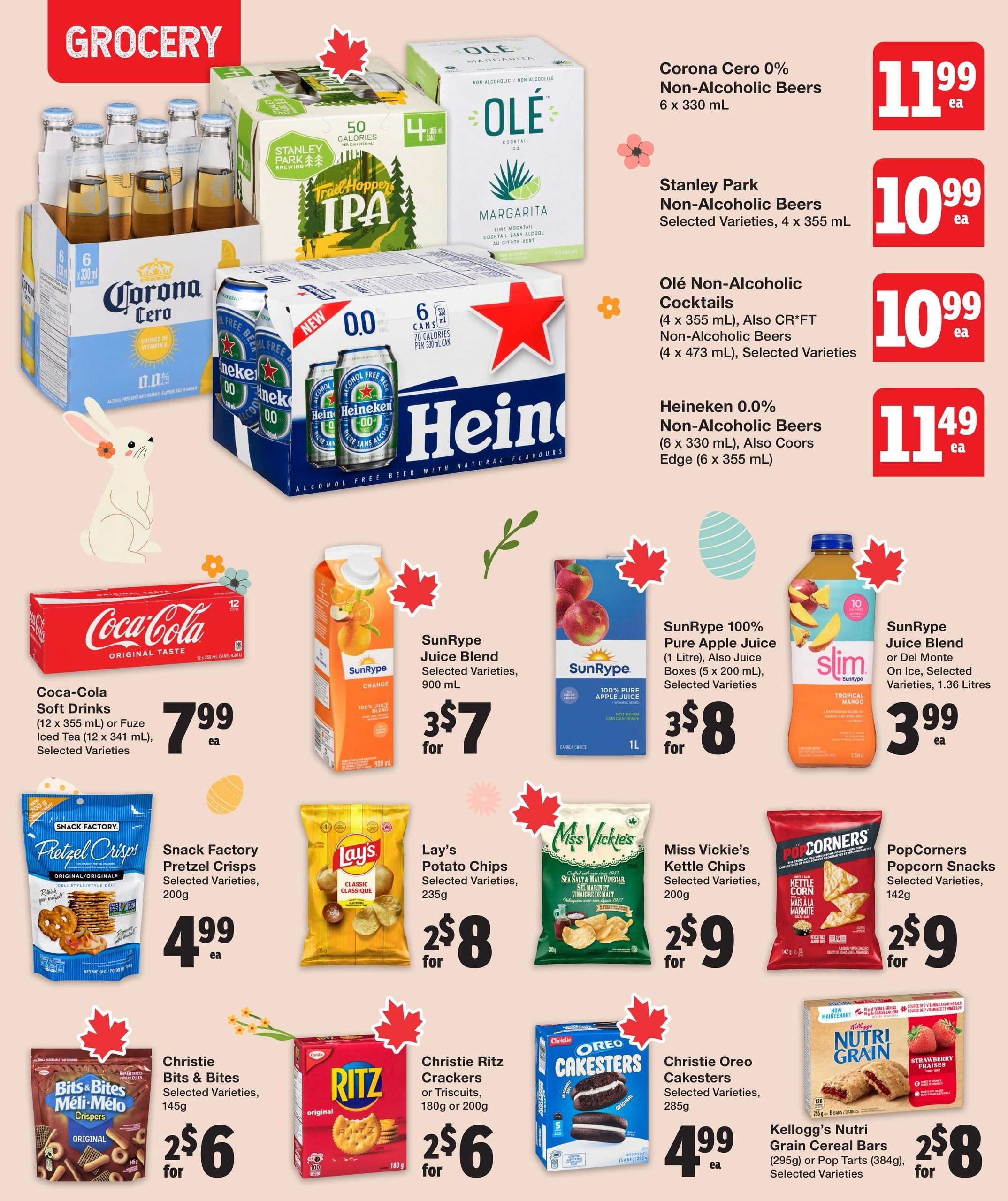 Quality Foods weekly flyer specials, page 11, featuring a variety of grocery items. Top section includes non-alcoholic beverages: Corona Cero 0% Non-Alcoholic Beers (6 x 330 mL) for $11.99 ea, Stanley Park Non-Alcoholic Beers (Selected Varieties, 4 x 355 mL) for $10.99 ea, Olé Non-Alcoholic Cocktails (4 x 355 mL) and Non-Alcoholic Beers (4 x 473 mL), Selected Varieties for $10.99 ea, and Heineken 0.0% Non-Alcoholic Beers (6 x 330 mL) also Coors Edge (6 x 355 mL) for $11.49 ea. Moving down, Coca-Cola Soft Drinks (12 x 355 mL) or Fuze Iced Tea (12 x 341 mL), Selected Varieties are $7.99 ea. SunRype Juice Blend (Selected Varieties, 900 mL) is 3 for $7. SunRype 100% Pure Apple Juice (1 Litre) or Juice Boxes (5 x 200 mL), Selected Varieties are 3 for $8. SunRype Juice Blend or Del Monte On Ice (Selected Varieties, 1.36 Litres) is $3.99 ea. Snack Factory Pretzel Crisps (Selected Varieties, 200g) are $4.99 ea. Lay's Potato Chips (Selected Varieties, 235g) are 2 for $8. Miss Vickie's Kettle Chips (Selected Varieties, 200g) are 2 for $9. PopCorners Popcorn Snacks (Selected Varieties, 142g) are 2 for $9. Christie Bits & Bites Crispers (Selected Varieties, 145g) are 2 for $6. Christie Ritz Crackers or Triscults (180g or 200g) are 2 for $6. Christie Oreo Cakesters (Selected Varieties, 285g) are $4.99 ea. Kellogg's Nutri Grain Cereal Bars (295g) or Pop Tarts (384g), Selected Varieties are 2 for $8.