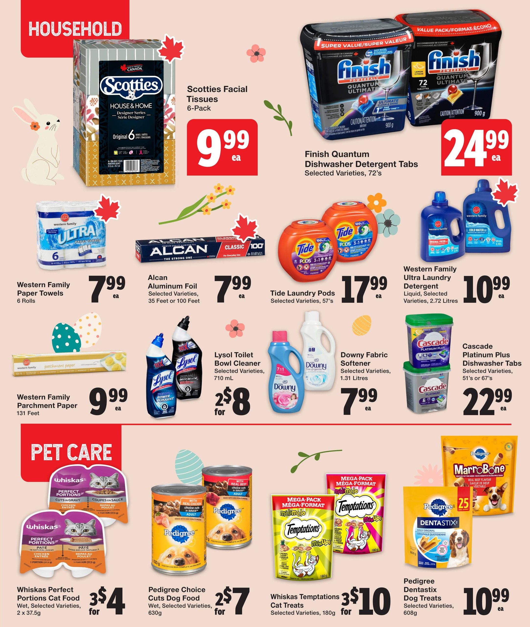 Quality Foods weekly flyer specials page 13 features household and pet care items. Household products include Scotties Facial Tissues 6-Pack for $9.99, Finish Quantum Dishwasher Detergent Tabs Selected Varieties, 72's for $24.99, Western Family Paper Towels 6 Rolls for $7.99, Alcan Aluminum Foil Selected Varieties, 35 or 100 Feet for $7.99, Western Family Parchment Paper 131 Feet for $9.99, Lysol Toilet Bowl Cleaner Selected Varieties, 710 mL for 2 for $8, Tide Laundry Pods Selected Varieties, 57's for $17.99, Downy Fabric Softener Selected Varieties, 1.31 Litres for $7.99, and Western Family Ultra Laundry Detergent Liquid Selected Varieties, 2.72 Litres for $10.99. Cascade Platinum Plus Dishwasher Tabs Selected Varieties, 51's or 67's are $22.99. Pet care items include Whiskas Perfect Portions Cat Food Wet, Selected Varieties, 2 x 37.5g for 3 for $4, Pedigree Choice Cuts Dog Food Wet, Selected Varieties, 630g for 2 for $7, Whiskas Temptations Cat Treats Selected Varieties, 180g for 3 for $10, and Pedigree Dentastix Dog Treats Selected Varieties, 608g for $10.99.