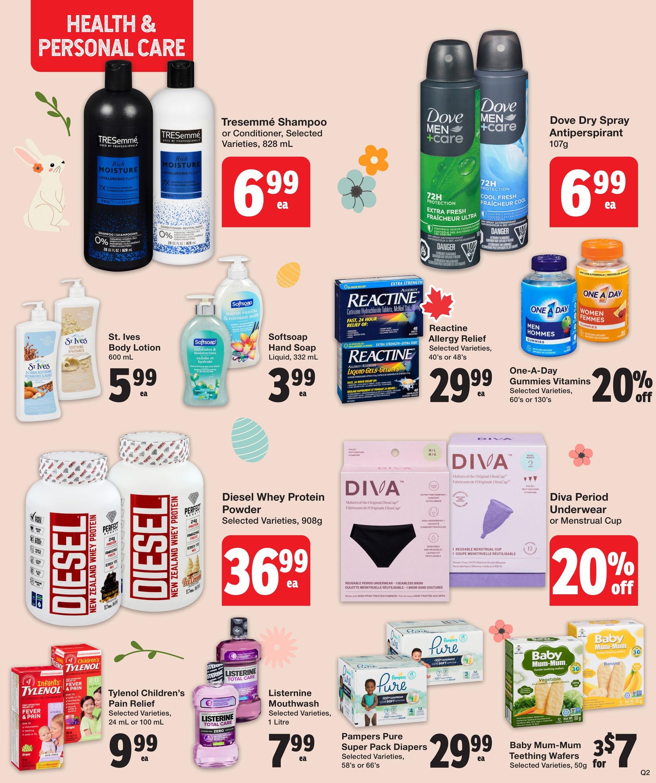 Quality Foods weekly flyer specials, page 14, featuring Health & Personal Care items. Offers include TRESemmé Shampoo or Conditioner, 828 mL, for $6.99 each. Dove Men+Care Dry Spray Antiperspirant, 107g, is also $6.99 each. St. Ives Body Lotion, 600 mL, is $5.99 each. Softsoap Hand Soap Liquid, 332 mL, is $3.99 each. Reactine Allergy Relief, selected varieties, 40's or 48's, is $29.99 each. One-A-Day Gummies Vitamins, selected varieties, 60's or 130's, are 20% off. Diesel Whey Protein Powder, selected varieties, 908g, is $36.99 each. Diva Period Underwear or Menstrual Cup is 20% off. Tylenol Children's Pain Relief, selected varieties, 24 mL or 100 mL, is $9.99 each. Listerine Mouthwash, selected varieties, 1 Litre, is $7.99 each. Pampers Pure Super Pack Diapers, selected varieties, 58's or 66's, are $29.99 each. Baby Mum-Mum Teething Wafers, selected varieties, 50g, are 3 for $7.