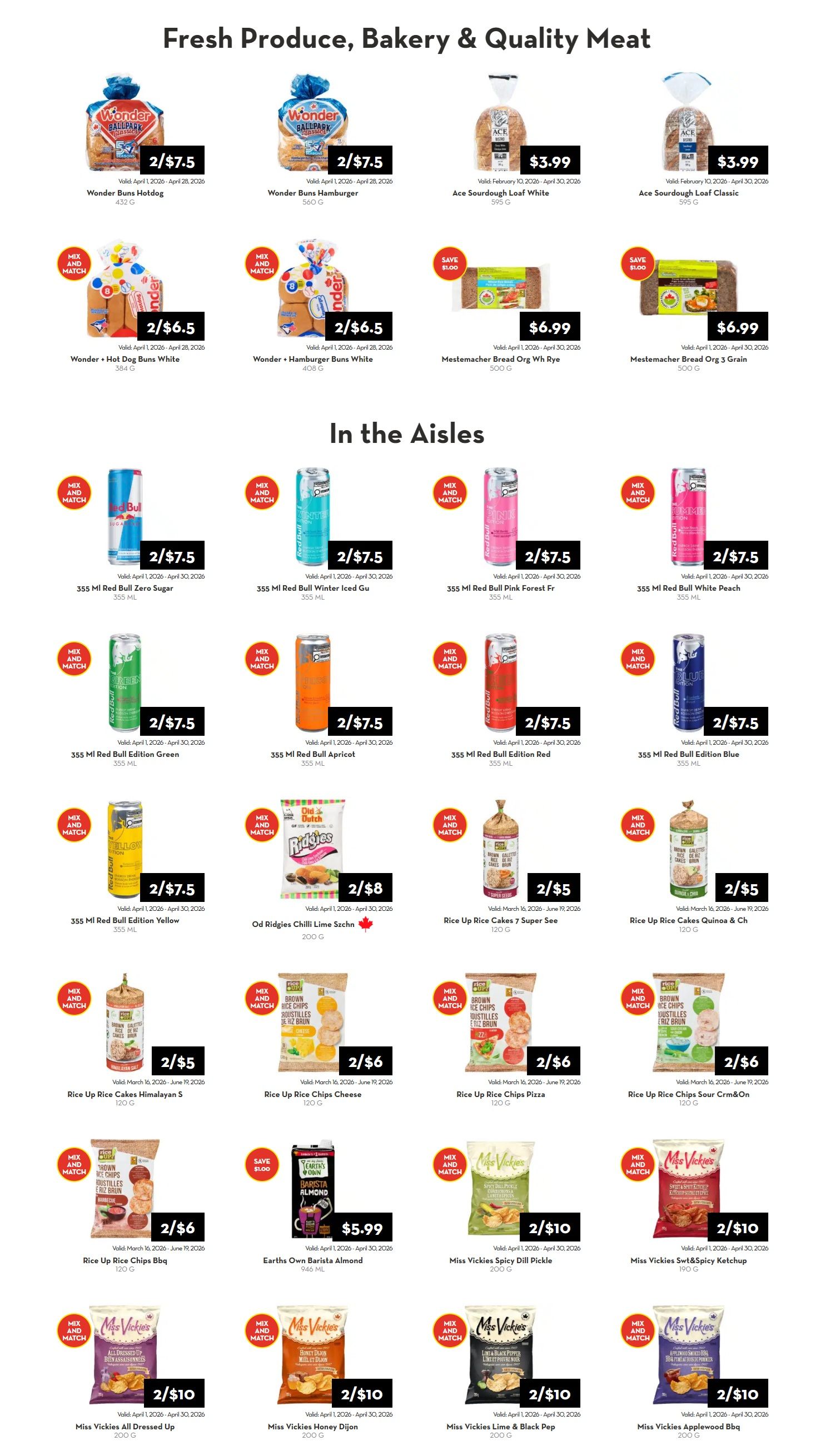 Rabba flyer page 1 features fresh produce, bakery, and quality meat. Deals include Wonder Buns Hotdog and Wonder Buns Hamburger at 2 for $7.5. Ace Sourdough Loaf White and Ace Sourdough Loaf Classic are $3.99 each. Mlestermacher Bread Org Wh Rye and Mlestermacher Bread Org 3 Grain are $6.99 each. In the aisles, find 355 ml Red Bull varieties like Zero Sugar, Winter Iced Gu, Pink Forest Fr, White Peach, Green Edition, Apricot, Red Edition, and Blue Edition, all at 2 for $7.5. Od Ridgies Chilli Lime Szchn chips are 2 for $8. Rice Up Rice Cakes in 7 Super See, Quinoa & Ch, Himalayan S, Cheese, Pizza, BBQ, and Sour Cream & Onion varieties are 2 for $5 or 2 for $6. Earths Own Barista Almond beverage is $5.99. Miss Vickies chips in Spicy Dill Pickle, Swt & Spicy Ketchup, All Dressed Up, Honey Dijon, Lime & Black Pep, and Applewood Bbq flavours are 2 for $10.