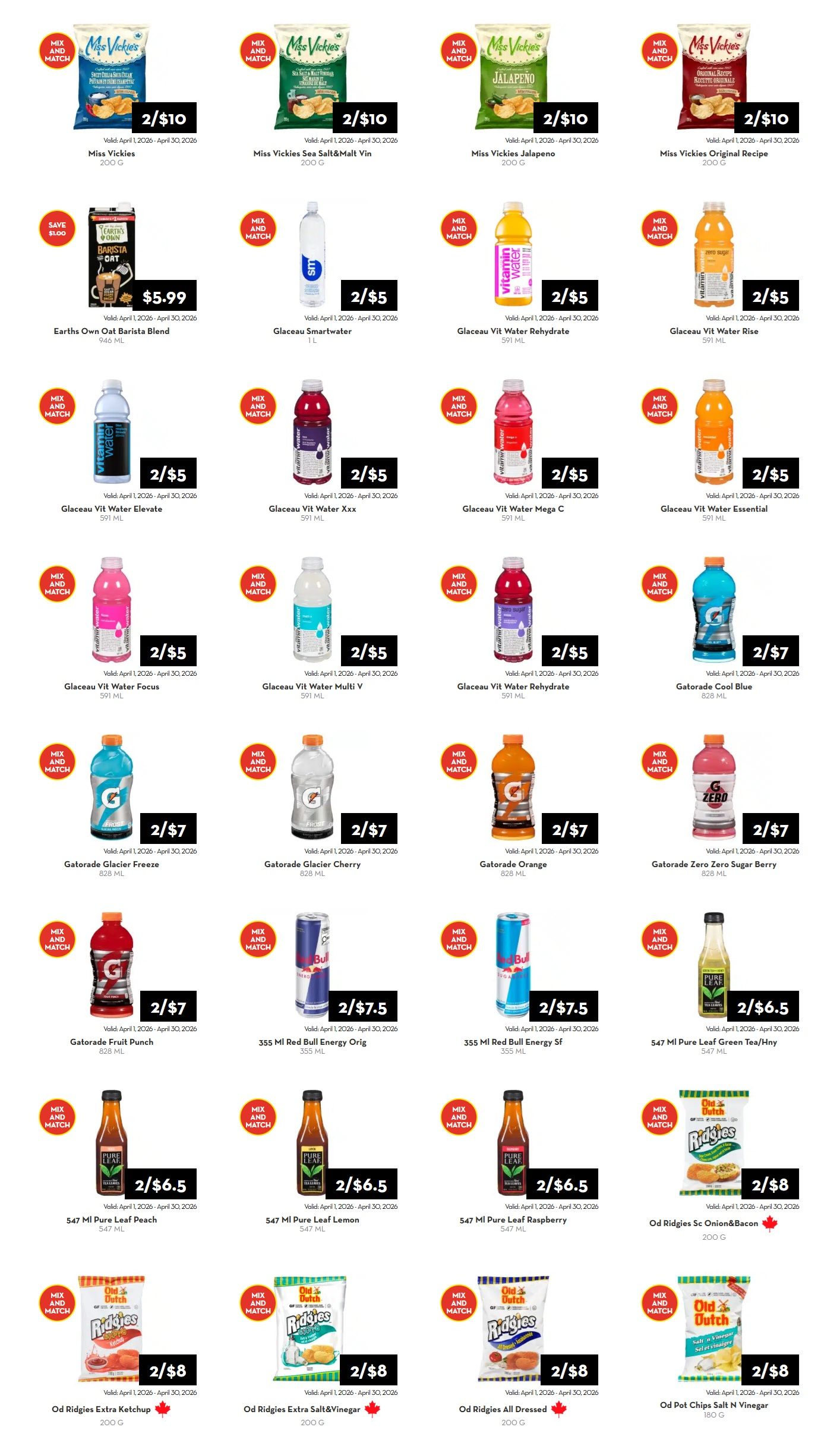 Rabba flyer specials page 2 features a variety of beverages and snacks. Offers include Miss Vickies chips at 2 for $10, including Sweet & Salty Cream, Sea Salt & Malt Vin, Jalapeno, and Original Recipe varieties. Earths Own Oat Barista Blend is on sale for $5.99. Glaceau Smartwater is 2 for $5. Glaceau Vitamin Water is available in multiple flavours like Rehydrate, Rise, Elevate, Xxx, Mega C, Essential, Focus, and Multi V, all at 2 for $5. Gatorade drinks, including Glacier Freeze, Glacier Cherry, Orange, Cool Blue, and Zero Sugar Berry, are 2 for $7. Gatorade Fruit Punch is also 2 for $7. Red Bull Energy Drink (355 ml) is 2 for $7.5. Pure Leaf Green Tea varieties like Peach, Lemon, Raspberry, and Green Tea/Hny are 2 for $6.5. Old Dutch Ridges chips are featured at 2 for $8, with flavours such as Extra Ketchup, Extra Salt & Vinegar, All Dressed, and Onion & Bacon. Od Pot Chips Salt N Vinegar are also 2 for $8.