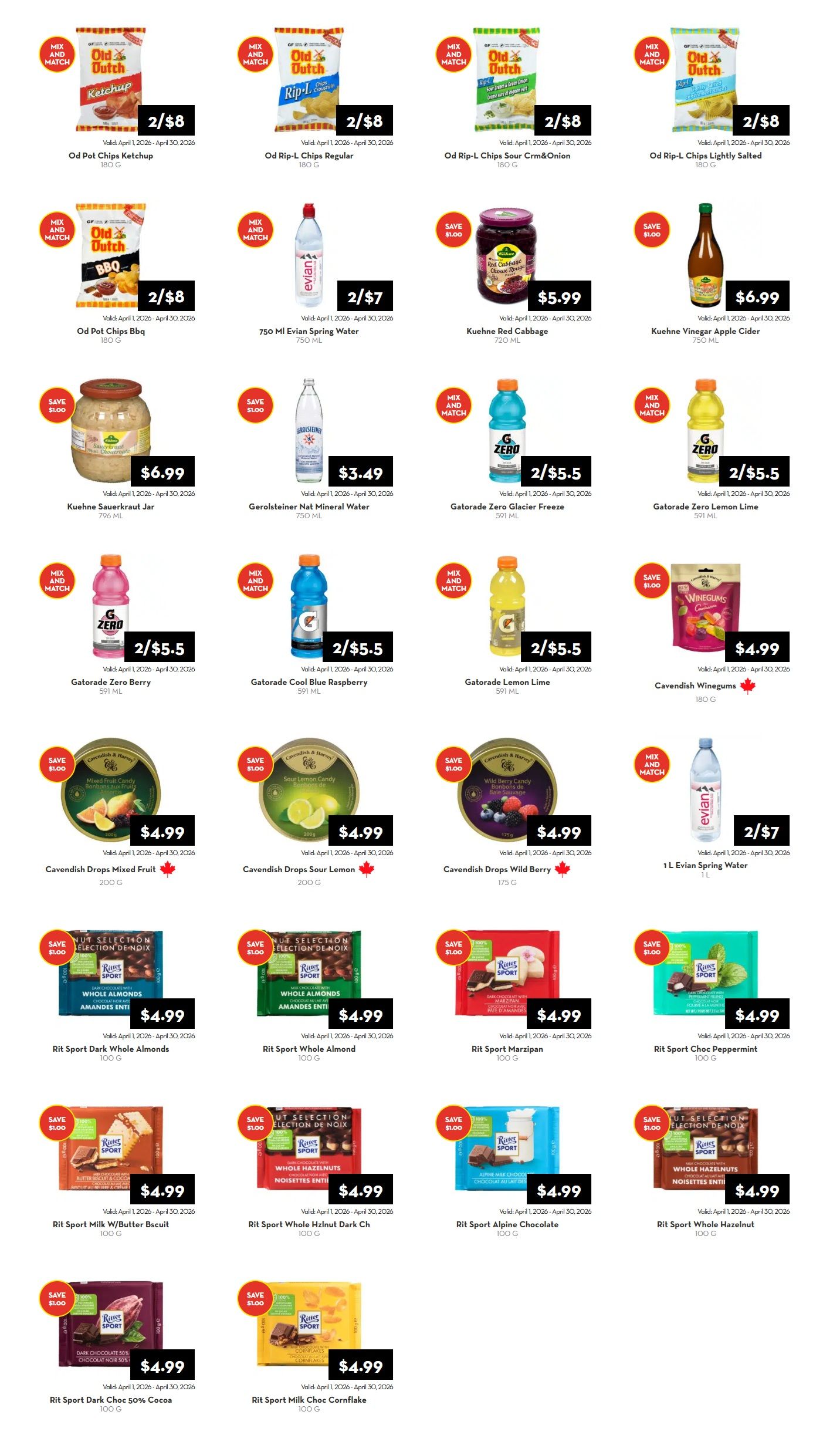 Rabba flyer specials page 3 features a variety of food and beverage items. Old Dutch Ketchup Chips, Rip-L Chips Regular, Rip-L Chips Sour Cream & Onion, and Rip-L Chips Lightly Salted are all 2 for $8. Old Dutch BBQ Chips are also 2 for $8. Evian Spring Water 750 mL is 2 for $7. Kuehne Red Cabbage 720 mL is $5.99 and Kuehne Sauerkraut Jar 798 mL is $6.99. Gerolsteiner Nat Mineral Water 750 mL is $3.49. Gatorade Zero Glacier Freeze, Gatorade Cool Blue Raspberry, and Gatorade Lemon Lime 591 mL are all 2 for $5.5. Cavendish Drops Mixed Fruit, Sour Lemon, and Wild Berry are $4.99 each. 1L Evian Spring Water is 2 for $7. Ritter Sport chocolate bars are featured with various flavours including Dark Whole Almonds, Whole Almond, Marzipan, Peppermint, Milk W/Butter Biscuit, Whole Hazelnut Dark Chocolate, Alpine Chocolate, Whole Hazelnut, Dark Choc 50% Cocoa, and Milk Choc Cornflake, all priced at $4.99 each.