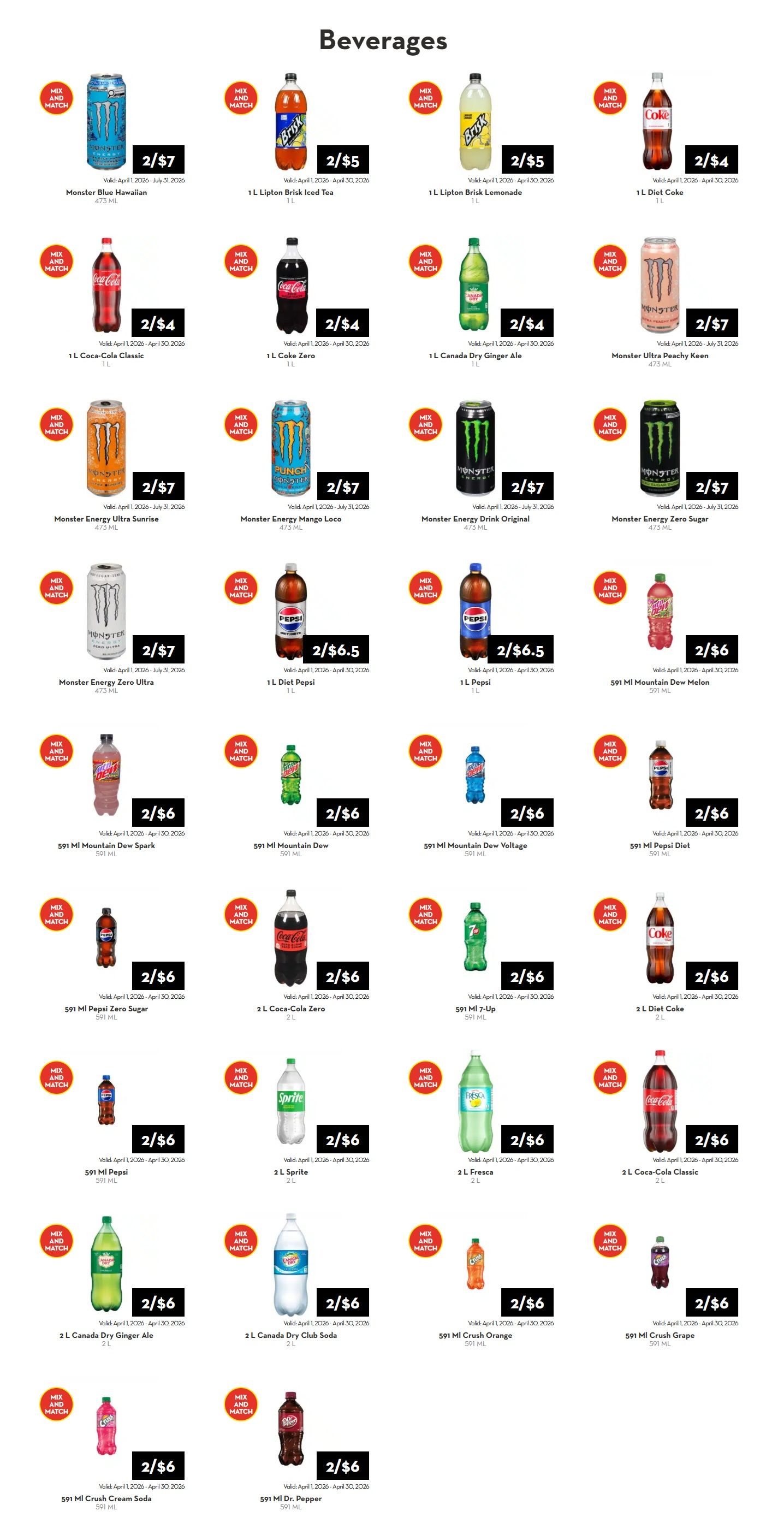 Rabba flyer specials page 5 features a wide selection of beverages. Deals include 2 for $7 on Monster Blue Hawaiian, Monster Energy Ultra Sunrise, Monster Energy Mango Loco, Monster Energy Drink Original, Monster Energy Zero Sugar, Monster Energy Zero Ultra. Also, 2 for $5 on 1L Lipton Brisk Iced Tea and 1L Lipton Brisk Lemonade. Get 2 for $4 on 1L Coca-Cola Classic, 1L Coke Zero, 1L Canada Dry Ginger Ale, 1L Diet Coke. Special pricing of 2 for $6.5 on 1L Diet Pepsi and 1L Pepsi. Mix and match deals for 2 for $6 include 591 ml Mountain Dew Spark, 591 ml Mountain Dew, 591 ml Mountain Dew Voltage, 591 ml Pepsi Diet, 591 ml Pepsi Zero Sugar, 2 L Coca-Cola Zero, 2 L Sprite, 2 L Fresca, 2 L Coca-Cola Classic, 2 L Canada Dry Ginger Ale, 2 L Canada Dry Club Soda, 591 ml Crush Orange, 591 ml Crush Grape, 591 ml Crush Cream Soda, and 591 ml Dr. Pepper. All offers valid April 1, 2026 to April 30, 2026.