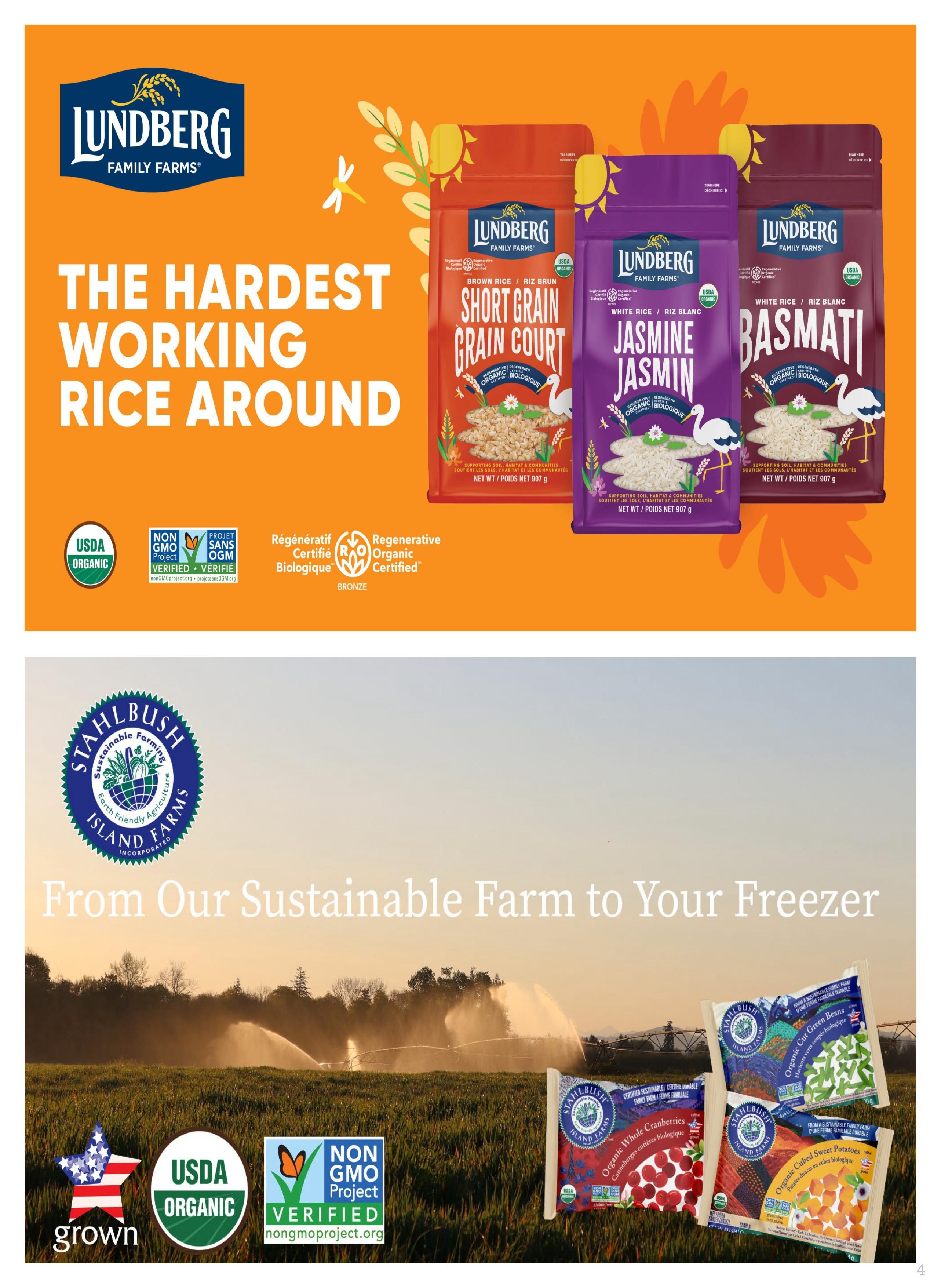 The Big Carrot flyer specials page 4 features Lundberg Family Farms rice with the slogan 'The Hardest Working Rice Around'. Products shown include Lundberg Organic Short Grain Brown Rice, Organic Jasmine Rice, and Organic Basmati Rice, all USDA Organic and Non-GMO Project Verified. The bottom half of the page highlights Stahlbush Island Farms products, with the tagline 'From Our Sustainable Farm to Your Freezer'. Featured frozen items include Organic Whole Cranberries, Organic Cubed Sweet Potatoes, and Organic Cut Green Beans, all USDA Organic and Non-GMO Project Verified, emphasizing sustainable and earth-friendly agriculture.