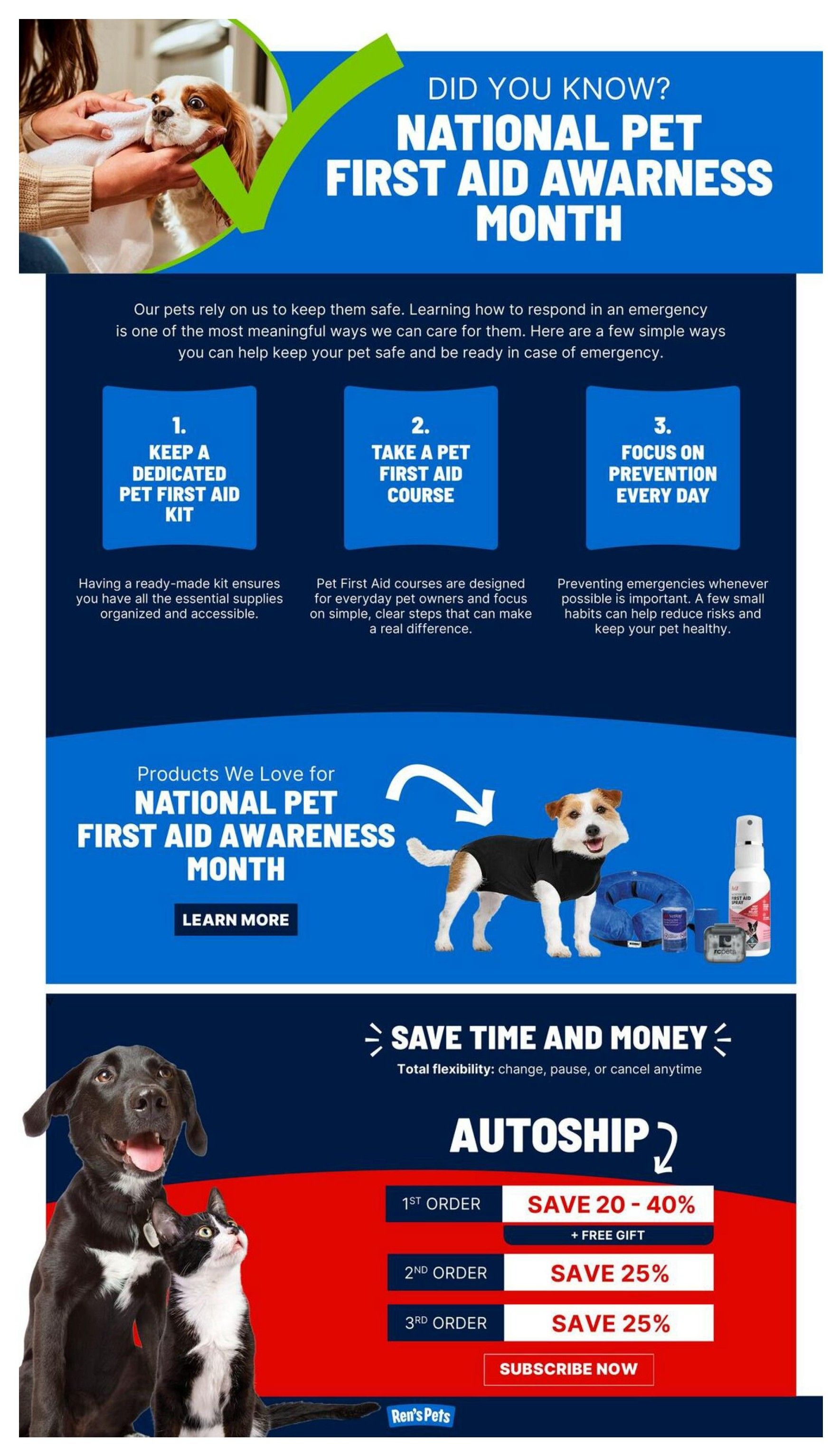 Ren's Pets flyer page 6, featuring National Pet First Aid Awareness Month. The page highlights three key actions: Keep a dedicated pet first aid kit, Take a pet first aid course, and Focus on prevention every day. It also showcases products for pet first aid and promotes an Autoship program offering savings of 20-40% on the first order with a free gift, and 25% off the second and third orders. The bottom of the page includes a 'Subscribe Now' button.