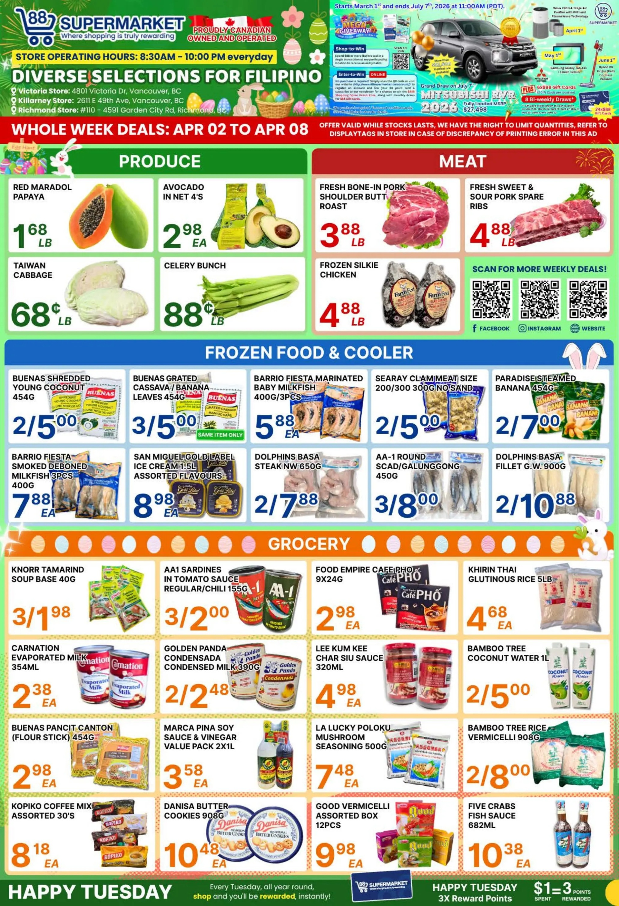 88 Supermarket weekly flyer, valid from April 2 to April 8. The flyer highlights diverse selections for Filipino customers and lists store locations in Vancouver and Richmond, BC. The top right features a Mega Giveaway for a 2023 Mitsubishi RVR and gift cards. The 'Produce' section includes Red Maradol Papaya for $1.68 per lb, Avocado in Net 4's for $2.98 each, Taiwan Cabbage for $0.68 per lb, and Celery Bunch for $0.88 per lb. The 'Meat' section offers Fresh Bone-In Pork Shoulder Butt Roast for $3.88 per lb, Fresh Sweet & Sour Pork Spare Ribs for $4.88 per lb, and Frozen Silkie Chicken for $4.88 per lb. The 'Frozen Food & Cooler' section features Buenas Shredded Young Coconut 454g at 2 for $5.00, Buenas Grated Cassava/Banana Leaves 454g at 3 for $5.00 (same item only), Barrio Fiesta Marinated Baby Milkfish 400g/3pcs for $5.88 each, Searay Clam Meat Size 200/300 300g No Sand at 2 for $5.00, Paradise Steamed Banana 454g at 2 for $7.00, Barrio Fiesta Smoked Deboned Milkfish 3pcs 400g for $7.88 each, San Miguel Gold Label Ice Cream 1.5L Assorted Flavours for $8.98 each, Dolphins Basa Steak NW 650g at 2 for $7.88, AA-1 Round Scad/Galunggong 450g at 3 for $8.00, and Dolphins Basa Fillet G.W. 900g at 2 for $10.88. The 'Grocery' section lists Knorr Tamarind Soup Base 40g at 3 for $1.98, AA1 Sardines in Tomato Sauce Regular/Chili 155g at 3 for $2.00, Food Empire Cafe Pho 9x24g for $2.98 each, Khirin Thai Glutinous Rice 5lb for $4.68 each, Carnation Evaporated Milk 354ml at 2 for $3.38 each, Golden Panda Condensed Milk 390g at 2 for $2.48, Lee Kum Kee Char Siu Sauce 320ml for $4.98 each, Bamboo Tree Coconut Water 1L at 2 for $5.00, Buenas Pancit Canton (Flour Stick) 454g for $2.98 each, Marca Pina Soy Sauce & Vinegar Value Pack 2x1L for $3.58 each, La Lucky Poloku Mushroom Seasoning 500g for $7.48 each, Bamboo Tree Rice Vermicelli 908g at 2 for $8.00, Kopiko Coffee Mix Assorted 30's for $8.18 each, Danisa Butter Cookies 908g for $10.48 each, Good Vermicelli Assorted Box 12pcs for $9.98 each, and Five Crabs Fish Sauce 682ml for $10.38 each. The bottom of the flyer promotes 'Happy Tuesday' with 3x Reward Points.
