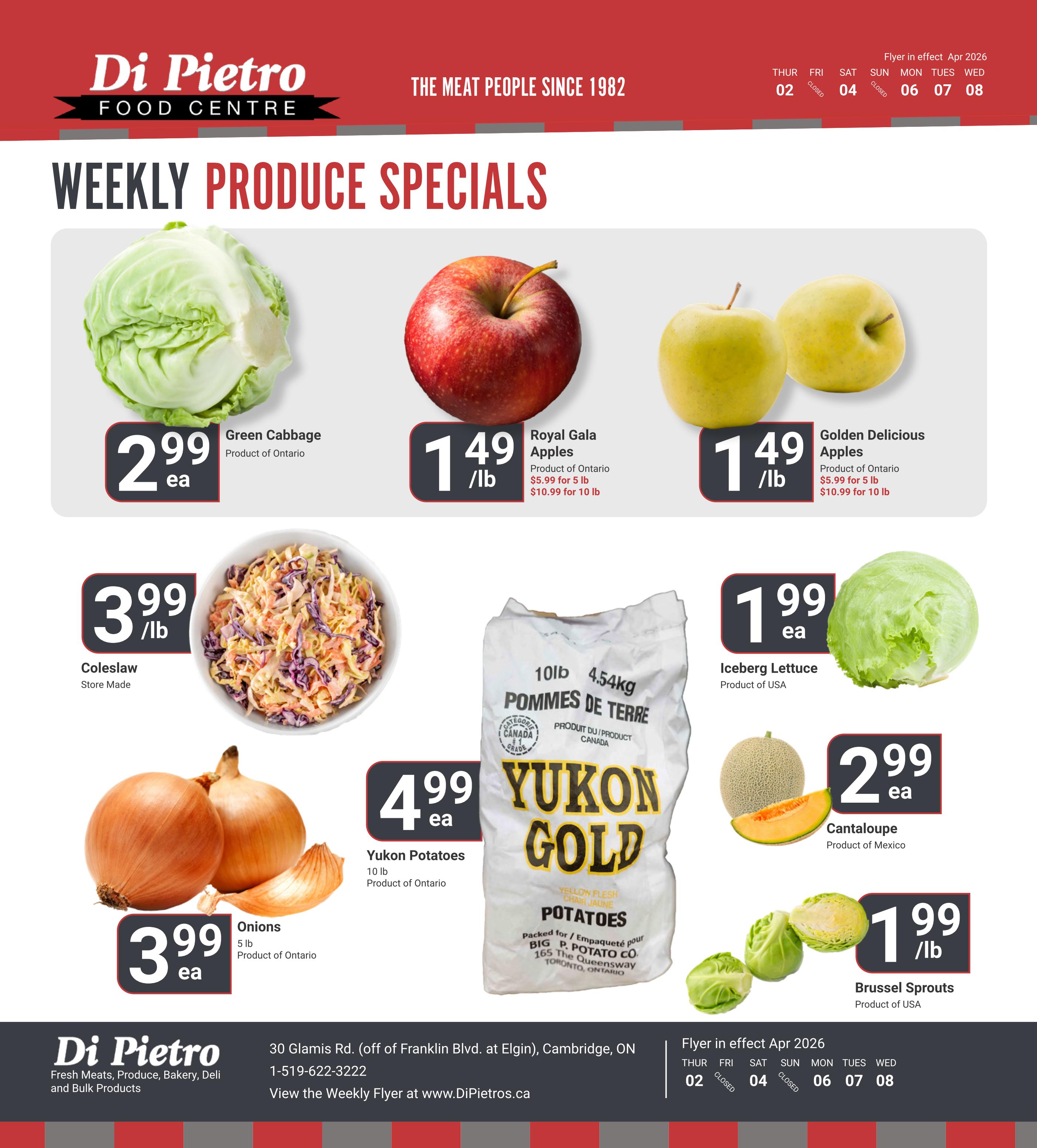Di Pietro Food Centre Weekly Produce Specials flyer for April 2nd to April 8th, 2026. Featuring Green Cabbage at $2.99 each, Coleslaw (Store Made) at $3.99 per lb, and Onions (5 lb bag, Product of Ontario) at $3.99 each. Also available are Royal Gala Apples at $1.49 per lb ($5.99 for 5 lb, $10.99 for 10 lb), Golden Delicious Apples at $1.49 per lb ($5.99 for 5 lb, $10.99 for 10 lb), Yukon Potatoes (10 lb bag, Product of Ontario) at $4.99 each, Iceberg Lettuce at $1.99 each, Cantaloupe at $2.99 each, and Brussels Sprouts at $1.99 per lb.