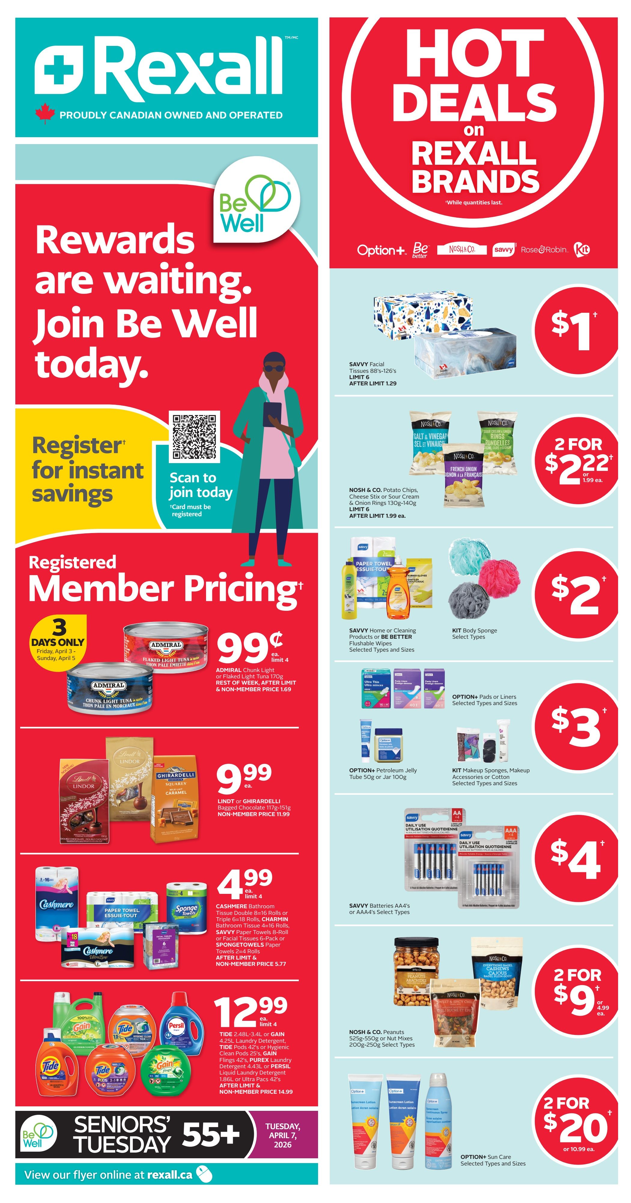 Rexall flyer page 3 features a 3 Days Only sale from Friday, April 3 to Sunday, April 5, 2026. Get 37,500 Be Well points when you load and shop your special offer. Featured products include Aleve Liquid Gels for $19.99, Claritin Allergy + Sinus or Aerius Double Action Tablets 10's for $19.99, and Ensure Boost or Glucerna Meal Replacement Beverages 4-6 Pack for 2 for $25. Also available are Always Discreet Underwear or Pads for $18.99. Save 15% on La Roche-Posay Skin or Sun Care. Neutrogena or Aveeno Skin Care is $23.99. Maybelline New York products like Firework Mascara and Grippy Serum Primer are $13.99. Sally Hansen Complete Salon Manicure or Pure Nail Polish is 2 for $20. Kiss Artificial Nails or Nail Tools are 15% off. Clairol Nice'n Easy Permanent Hair Colour or Root Touch-Up is $8.99. L'Oréal Hair Expertise Bond Repair, Glycolic Gloss or Density Booster Hair Care is 25% off. Marc Anthony Hair Care or Styling products are $8.99. Crest Toothpaste 50mL-100mL or Oral-B Toothbrushes are $1.29. Buy one get one 50% off on Nestlé or Cadbury Chocolate Bars. Charmin Ultra Strong or Ultra Soft Bathroom Tissue 6-12 Rolls or Bounty Paper Towels 4-10 Rolls are $10.99. Hot Deal: Gain Liquid Laundry Detergent 1.24L-1.31L, Flings 16's, Fabric Sheets 120's or Fireworks Fabric Enhancers are $3.99. Nestlé Hide Me Eggs, KitKat Bunny 85g or Bunnies or Lambs 5-Pack are $5.99. Lindt Assorted Gold Bunny or Chick 100g or Toffifee landscape box are $7.99. Kinder Surprise Maxi 150g or Mix with Plush 116g are $9.99. Also featured is a Seniors' Tuesday special for ages 55+ on Tuesday, April 7, 2026, with Save 20% on regular priced merchandise. Select stores are open Good Friday and Easter Sunday.