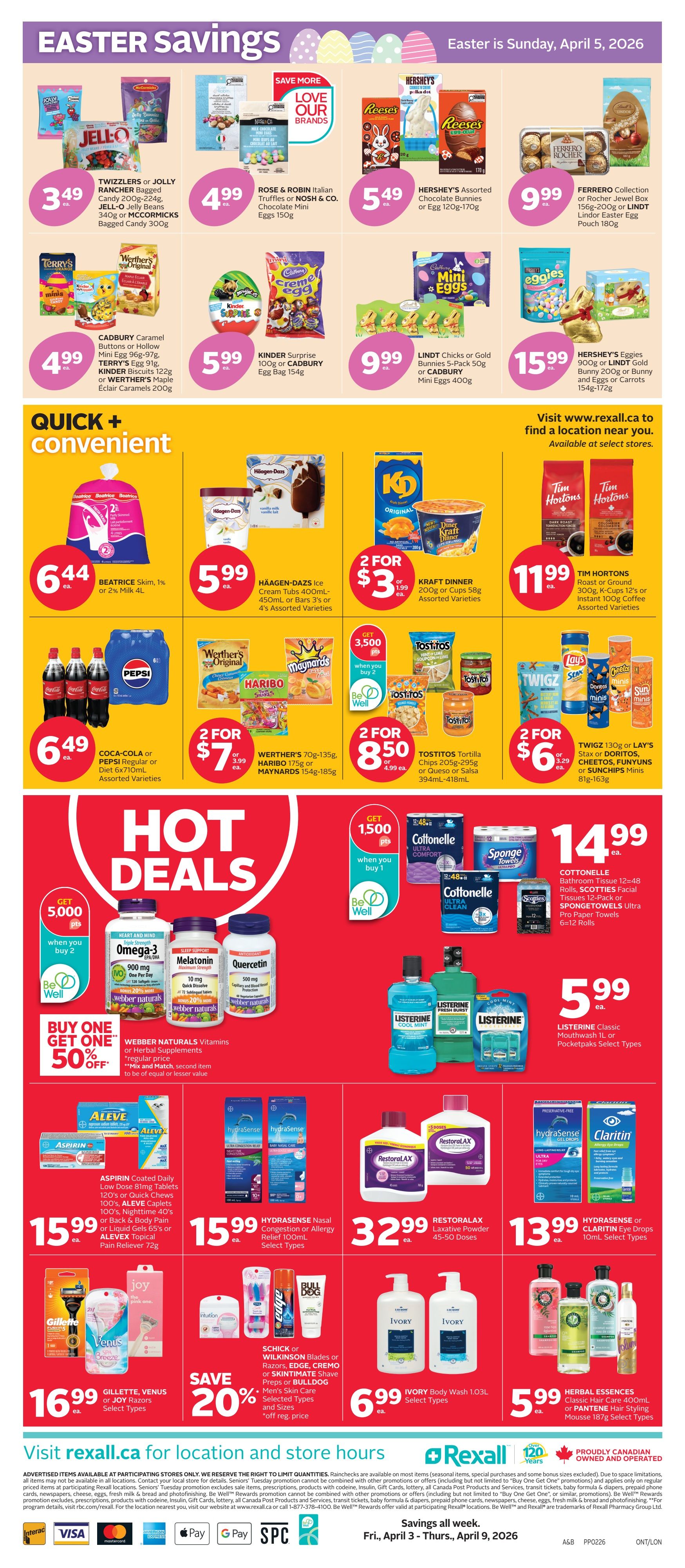 Rexall flyer page 4 features Easter Savings with deals on Twizzlers or Jolly Rancher candy for $3.49, Rose & Noshin Italian Chocolate Mini Eggs for $4.99, and Hershey's Assorted Chocolate Bunnies or Eggs for $5.49. Also find Cadbury Caramel, Terry's, Kinder Surprise, Lindt Chicks, or Cadbury Mini Eggs starting at $4.99, with Kinder Surprise Egg Bag for $5.99 and Lindt Chicks or Cadbury Mini Eggs for $9.99. Hershey's Eggies or Lindt Gold Bunny for $15.99. Quick + Convenient deals include Beatrice Skim or 2% Milk for $6.44, Häagen-Dazs Ice Cream Tubs for $5.99, Kraft Dinner for 2 for $3.00, Coca-Cola or Pepsi 6x710mL for $6.49, Werther's, Haribo, or Maynards for 2 for $7.00, and Tostitos Tortilla Chips for 2 for $8.50. Hot Deals include Cottonelle Bathroom Tissue, Scotties Facial Tissues, or Spongetowels for $14.99, and Listerine Classic Mouthwash for $5.99. Webbers Naturals Vitamins or Herbal Supplements are Buy One Get One 50% off. Also featured are Aspirin Coated Daily Low Dose or Quick Chews for $15.99, Hydrasense Nasal Congestion or Allergy Relief for $15.99, Restoralax Laxative Powder for $32.99, and Hydrasense or Claritin Eye Drops for $13.99. Shick or Wilkinson Blades, Edge, Cremo, or Skintimate Shave Preps or Bulldog Men's Skin Care are on sale with 20% off. Ivory Body Wash is $6.99, and Herbal Essences or Pantene Hair Styling Mousse is $5.99. Visit rexall.ca for location and store hours. Savings valid Friday, April 3 to Thursday, April 9, 2026.