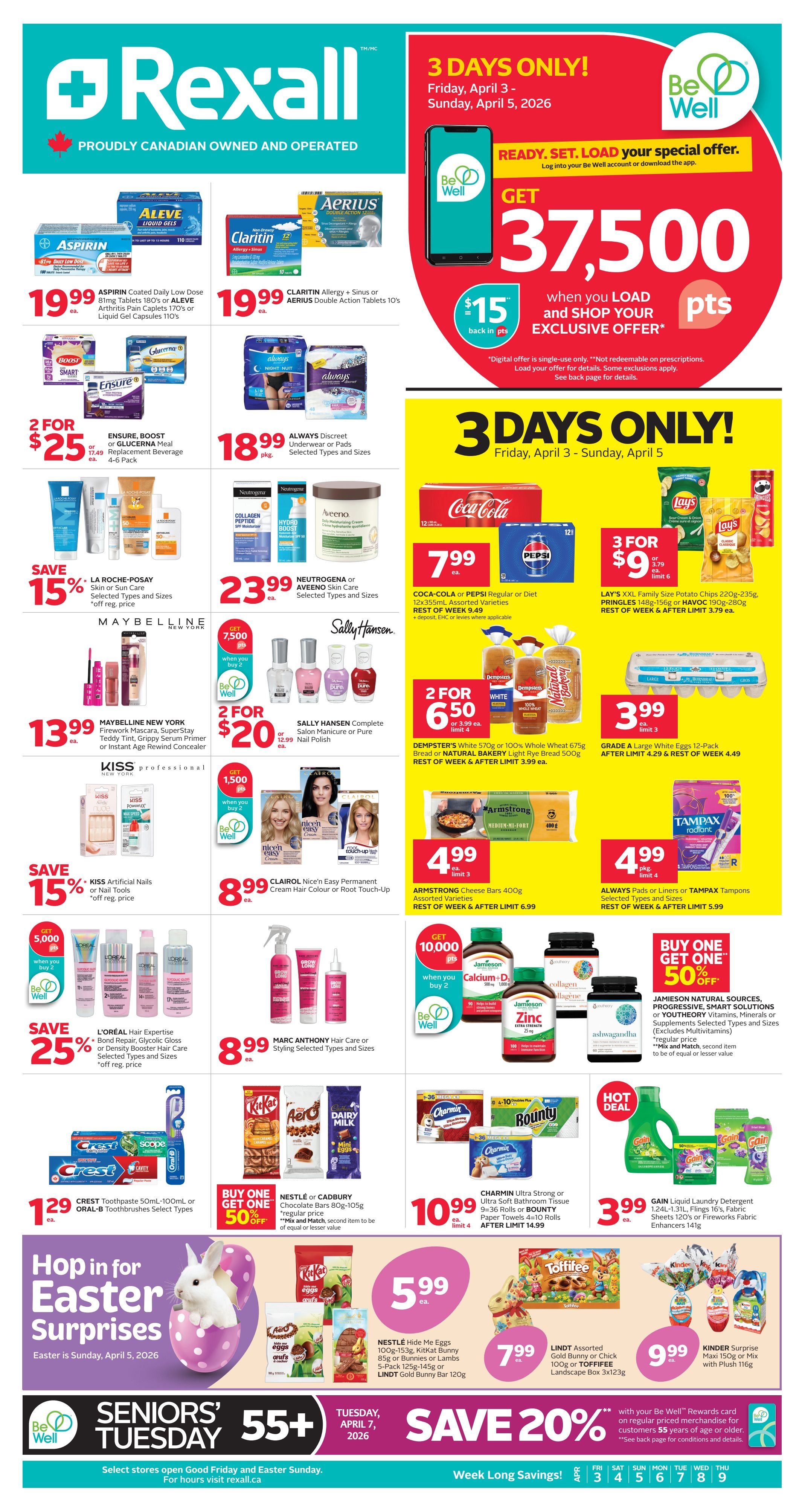 Rexall flyer banner featuring a Canadian maple leaf and the text 'PROUDLY CANADIAN OWNED AND OPERATED'. Below, the Rexall logo is displayed with '120 Years of CARING for Canada's Health'.