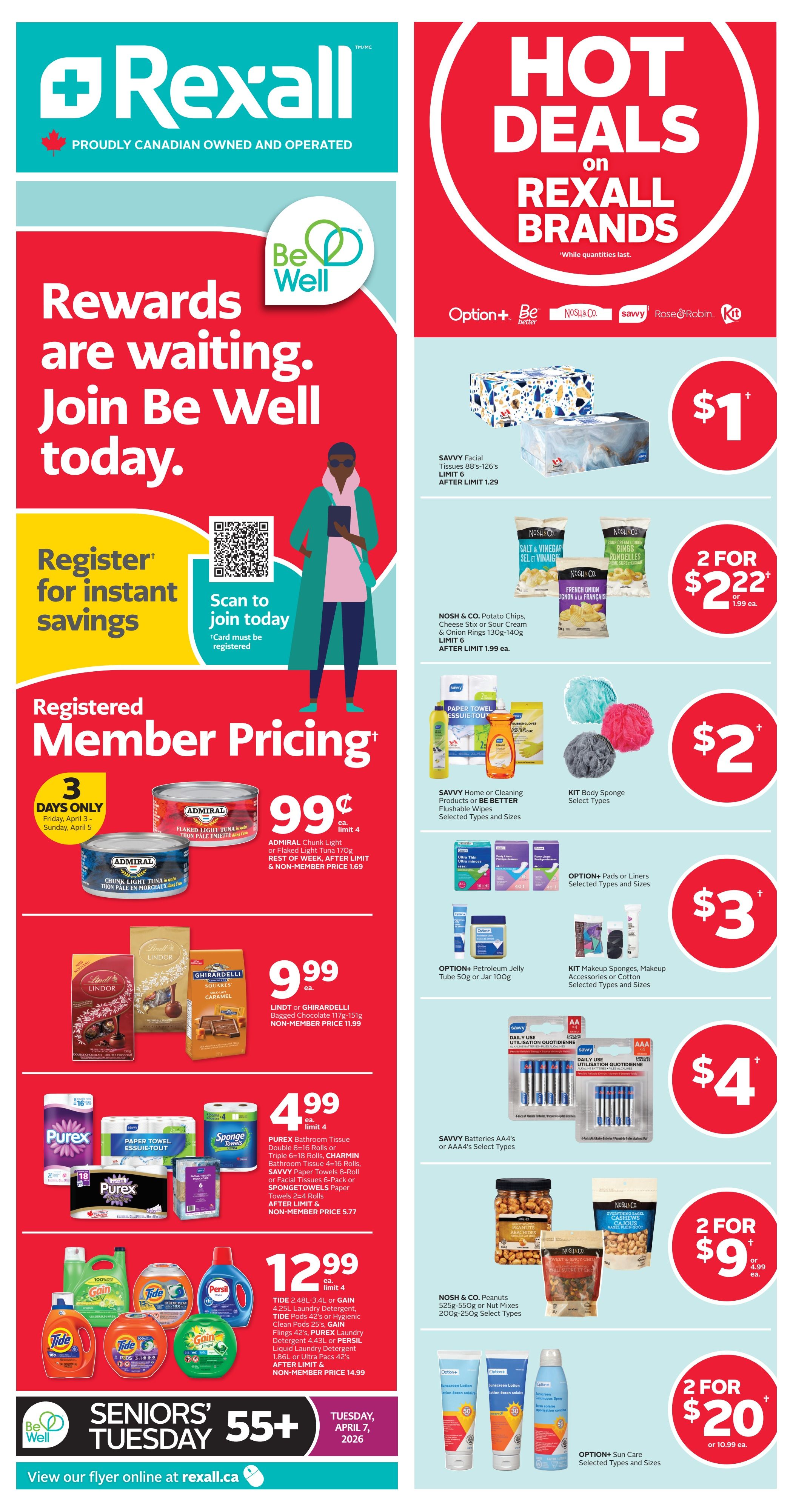 Rexall flyer page 3 featuring a 3-day sale from Friday, April 3 to Sunday, April 5, 2026. Get 37,500 Be Well points when you load and shop your special offer. Featured products include Aspirin Coated Daily Low Dose 81mg Tablets 180's or Aleve Liquid Gels 110's for $19.99, and Claritin Allergy + Sinus or Aerius Double Action Tablets 10's for $19.99. Ensure, Boost, or Glucerna Meal Replacement Beverage 4-6 Pack is 2 for $25. Always Discreet Underwear or Pads are $18.99 per package. Save 15% on La Roche-Posay Skin or Hair Care, and Neutrogena or Aveeno Skin Care. Maybelline New York products like Firework Mascara, SuperStay Teddy Tint, Grippy Serum Primer, or Instant Age Rewind Concealer are $13.99. Sally Hansen Complete Salon Manicure or Pure Nail Polish is 2 for $20. Kiss Artificial Nails or Nail Tools are save 15% off regular price. Clairol Nice'n Easy Permanent Cream Hair Colour or Root Touch-Up is $8.99. Coca-Cola or Pepsi Regular or Diet 12x355mL Assorted Varieties are $7.99. Lay's Family Size Potato Chips 220g-235g, Pringles 156g-165g or Havoc 190g-280g are 3 for $9. Dempsters White 670g or 100% Whole Wheat 675g Bread or Natural Bakery Light Rye Bread 560g is 2 for $6.50. Grade A Large White Eggs 12-Pack are $3.99. Black Diamond Cheese Bars 400g or Shredded Cheese 220g Assorted Varieties are $4.99. Always Panty Liners or Tampax Tampons are $4.99. L'Oréal Hair Expertise products are save 25% off regular price. Marc Anthony Hair Care or Styling products are $8.99. Buy one, get one 50% off on Nestle or Cadbury Chocolate Bars 80g-105g. Charmin Ultra Strong or Ultra Soft Bathroom Tissue 36 rolls or Bounty Paper Towels 6 rolls are $10.99. Buy one, get one 50% off on Jamieson Natural Sources, Progressive, Smart Solutions or Youthology Vitamins, Minerals or Supplements. Also featured are Jamieson Calcium-D, Zinc, and Ashwagandha. Hot Deal: Gain Liquid Laundry Detergent 1.31L-1.6L, 16's Fabric Softener, 20's or Fireworks Fabric Enhancers are $3.99. Nestle Hide Me Eggs 100g-153g, KitKat Bunny 85g or Bunnies or Lambs 5-Pack 125g-145g or Lindt Gold Bunny Bar 120g are $5.99. Lindt Assorted Chocolate Bunny or Chick 100g or Toffifee Landscape Box 390g are $7.99. Kinder Surprise Maxi 150g or Mix with Plush 116g are $9.99. The flyer also highlights 'Hop for Easter Surprises' with Easter being Sunday, April 5, 2026, and a 'Seniors' Tuesday 55+' event on Tuesday, April 7, 2026, with save 20% off. Select stores are open Good Friday and Easter Sunday.