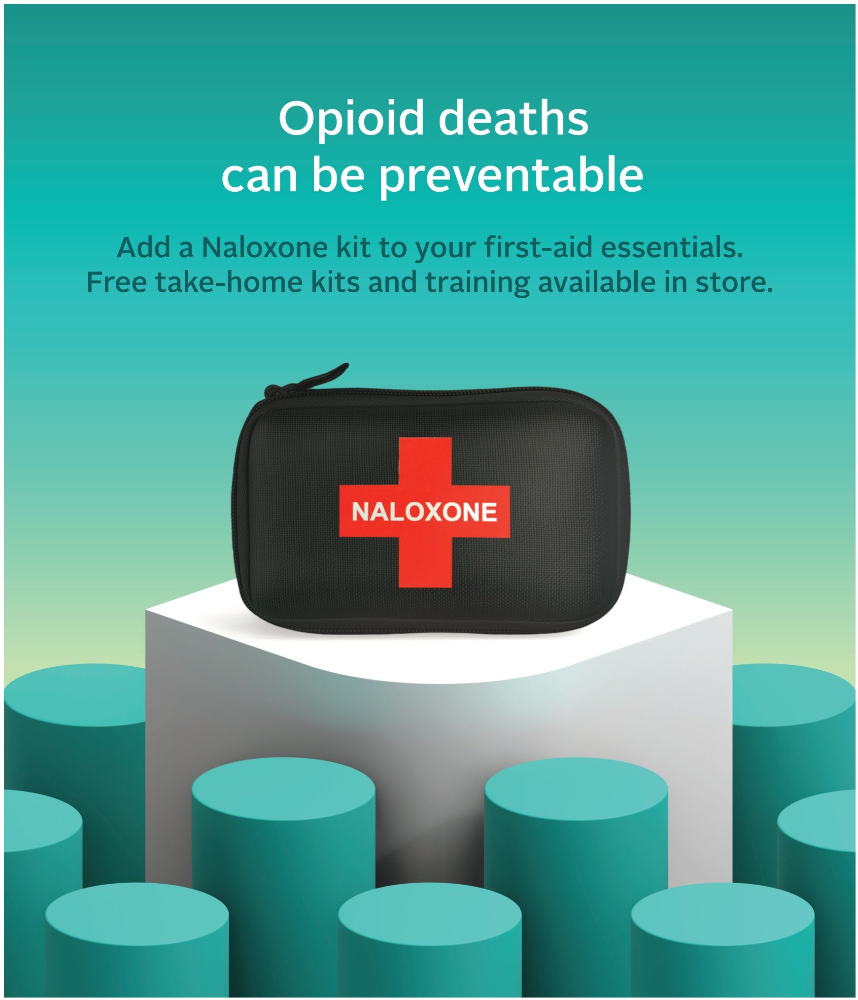 Rexall flyer page 8: Opioid deaths can be preventable. Add a Naloxone kit to your first-aid essentials. Free take-home kits and training available in store. Features an image of a black Naloxone kit with a red cross and the word NALOXONE on it, displayed on a white pedestal surrounded by teal cylinders.