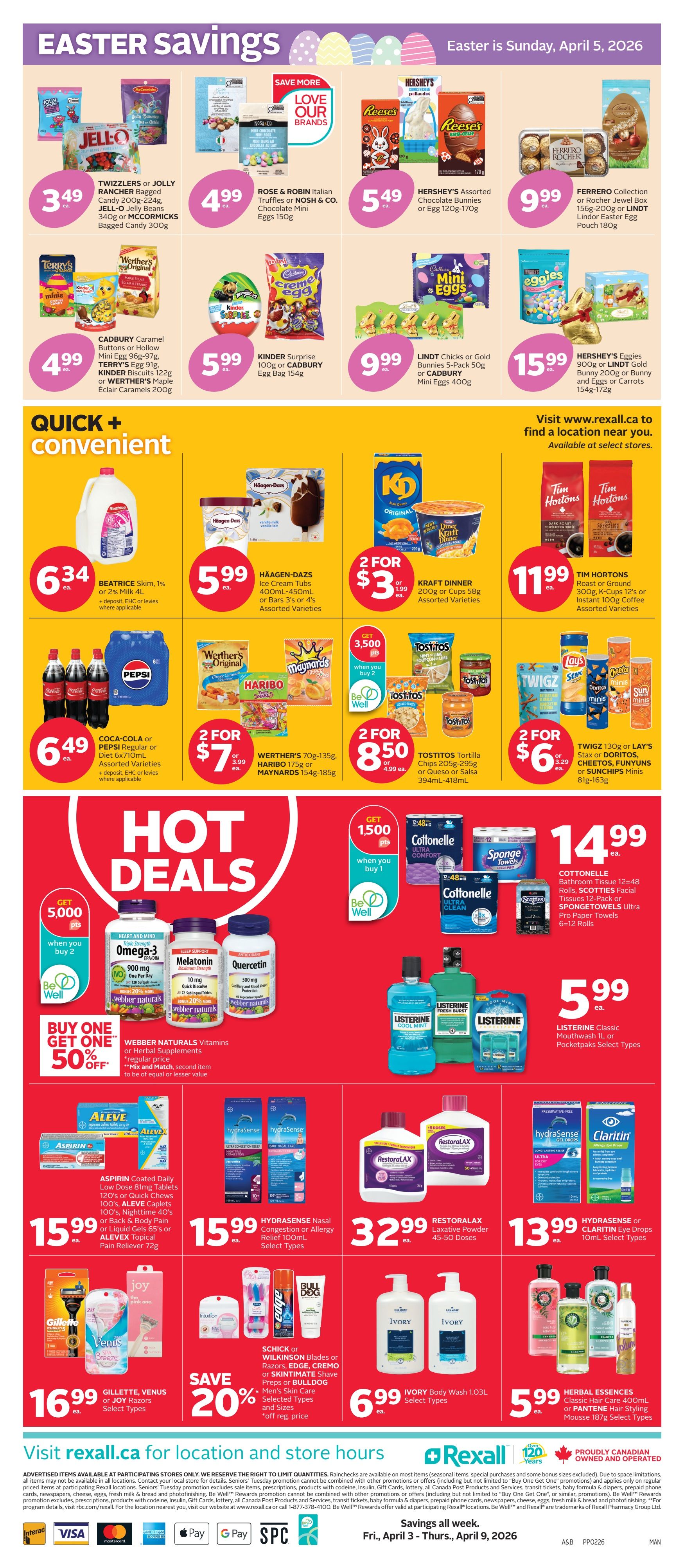 Rexall flyer page 4 featuring Easter Savings and Quick + Convenient deals. Easter Savings include Twizzlers or Jolly Rancher bagged candy for $3.49, Rose & Robin Italian truffles or Nosh & Co. chocolate mini eggs for $4.99, Hershey's assorted chocolate bunnies or eggs for $5.49, and Ferrero Collection or Rocher jewel box for $9.99. Also featured are Cadbury caramel, Kinder Surprise, and Lindt chocolate eggs and bunnies with prices ranging from $4.99 to $15.99. Quick + Convenient deals include Beatrice skim, 1% or 2% milk for $6.34, Häagen-Dazs ice cream tubs for $5.99, Kraft Dinner for 2 for $3.99, Coca-Cola or Pepsi for $6.49, Werther's, Haribo, or Maynards candy for 2 for $7.00, and Tostitos tortilla chips for 2 for $8.50. Hot Deals include Cottonelle bathroom tissue, Scotties facial tissues, and Spongetowels for $14.99, and Listerine Classic mouthwash for $5.99. Webber Naturals vitamins are buy one get one 50% off. Other featured products include Aspirin, Aleve, Hydrasense, Restoralax, Claritin, Gillette and Venus razors, Schick or Wilkinson blades, Edge, Cremo or Skintimate shave preps, Ivory body wash for $6.99, and Herbal Essences or Pantene hair styling mousse for $5.99.