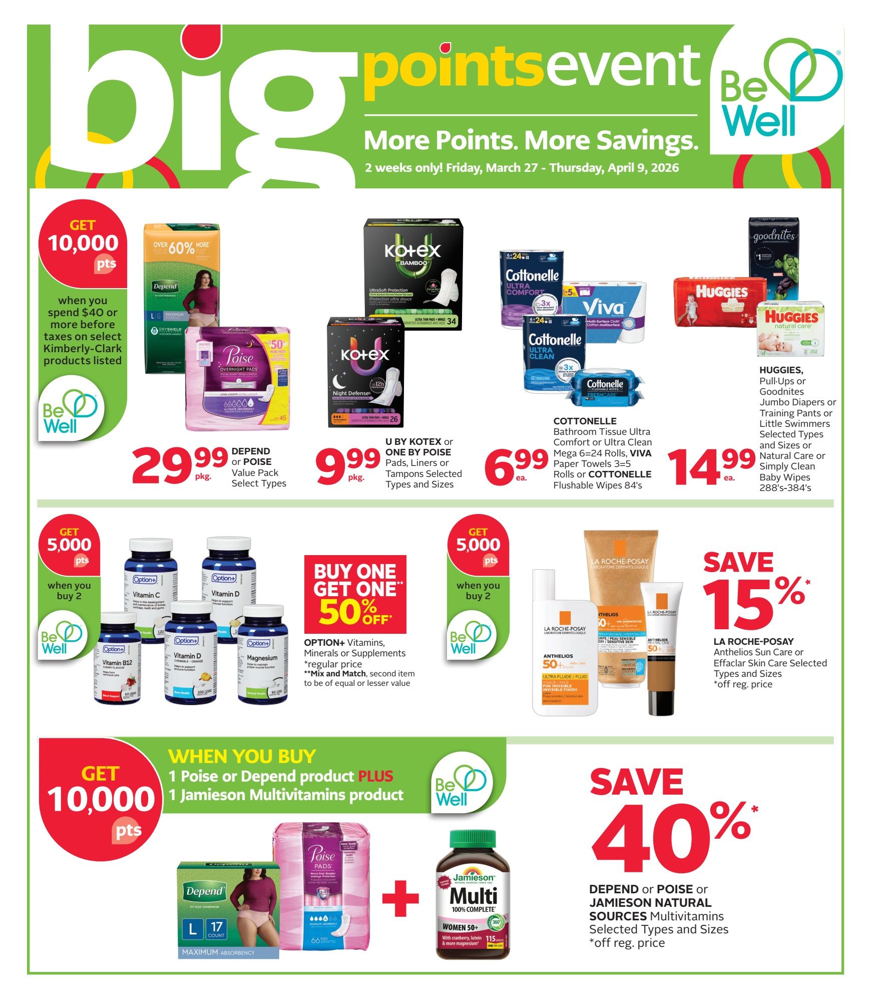 Rexall flyer page 16 featuring 'big points event' with more points and more savings. Offers include: Get 10,000 points when you spend $40 or more before taxes on select Kimberly-Clark products like Depend and Poise, priced at $29.99 per pkg. Also, Kotex pads, liners or tampons are $9.99 per pkg. Cottonelle Bathroom Tissue Ultra Comfort or Ultra Clean Mega 6-24 rolls, Viva Paper Towels 3-5 rolls or Cottonelle Flushable Wipes 84's are $6.99 each. Huggies Pull-Ups or Goodnites Jumbo Diapers or Training Pants or Little Swimmers or Simply Clean Baby Wipes 288's-384's are $14.99 each. Get 5,000 points when you buy 2 Option+ Vitamins, Minerals or Supplements, with the second item at 50% off. La Roche-Posay Anthelios Sun Care or Effaclar Skin Care is 15% off regular price. Get 10,000 points when you buy 1 Poise or Depend product plus 1 Jamieson Multivitamins product. Save 40% off regular price on Depend or Poise or Jamieson Natural Sources Multivitamins, selected types and sizes.