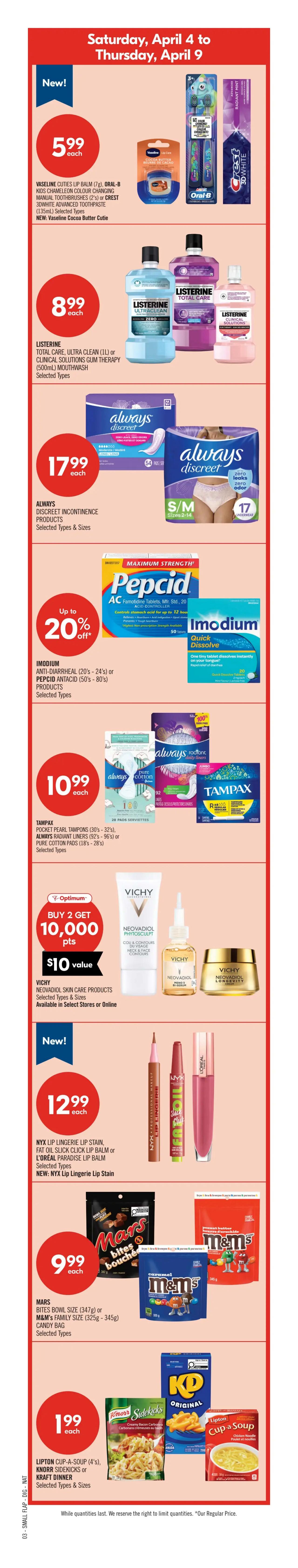Shoppers Drug Mart Ontario flyer page 6, featuring Seniors' Day with 20% off regular priced merchandise with PC Optimum card or app on Thursday, April 9. Also highlights a Bonus Beauty Redemption Event with up to $225 in value. Red Hot Deals include Depend or Poise incontinence products for $17.99 each, Tylenol Cold & Cough tablets and Zarbee's cough syrup for $10.99 each, Colgate 360° manual toothbrushes, Sensodyne Pronamel, Optic White Renewal, or Colgate toothpaste for $5.79 each, and Excellence Keratin Color or Magic Root Rescue touch-up for $12.99 each. Other deals include Popcorners and Smartfood or Miss Vickie's Kettle Chips for 2 for $8.50, and Aveeno, Klorane, or Rene Furterer hair care products and Vichy anti-aging skin care products with up to 20% off. Royale bathroom tissue (12-24 rolls) is buy 2 get 2000 Optimum points ($2 value), PC Ground Coffee is $19.99, and Kellogg's Special K, Vector, or Mini-Wheats cereal is $4.49. Wonder Ballpark Hot Dog or Hamburger buns are $3. Live well, save often deals include Kotex or Always pads for $4.99, Oral-B battery toothbrush or Crest toothpaste for $6.99, La Roche-Posay or Marc Antony hair care products with up to 20% off, Cetaphil or O'Keeffe's skin care products with up to 20% off, Olay body lotion or hair care products with up to 25% off. Huggies super boxed diapers are $26.99. Life Brand natural health products have up to 40% off. Axe shower gel or body spray for $4.99 or $7.99 respectively. Nescafe instant coffee is $6.49. Cascade dishwasher detergent or Glade air freshener products are up to 20% off. Royale facial tissues are $1.29. Robitussin syrup or Advil cold relief products have up to 25% off. Tylenol acetaminophen pain relief products are $23.99. Nivea body wash, quick dry stick, or roll-on are $4.99. Maybelline New York Super Stay Matte Ink lipstick, Marcela xtension plus mascara, or Revlon Colorstay multi-player eye pencil are $10.99. Palmolive or Purex dish soap is 2 for $5. Powerade team pack is $14.99. Q-Tips are $1 each. Laders Go Pure Fruit & Oat or Oatmeal Bars are $1.88. Planters Salted or Unsalted Whole Cashews are $4.