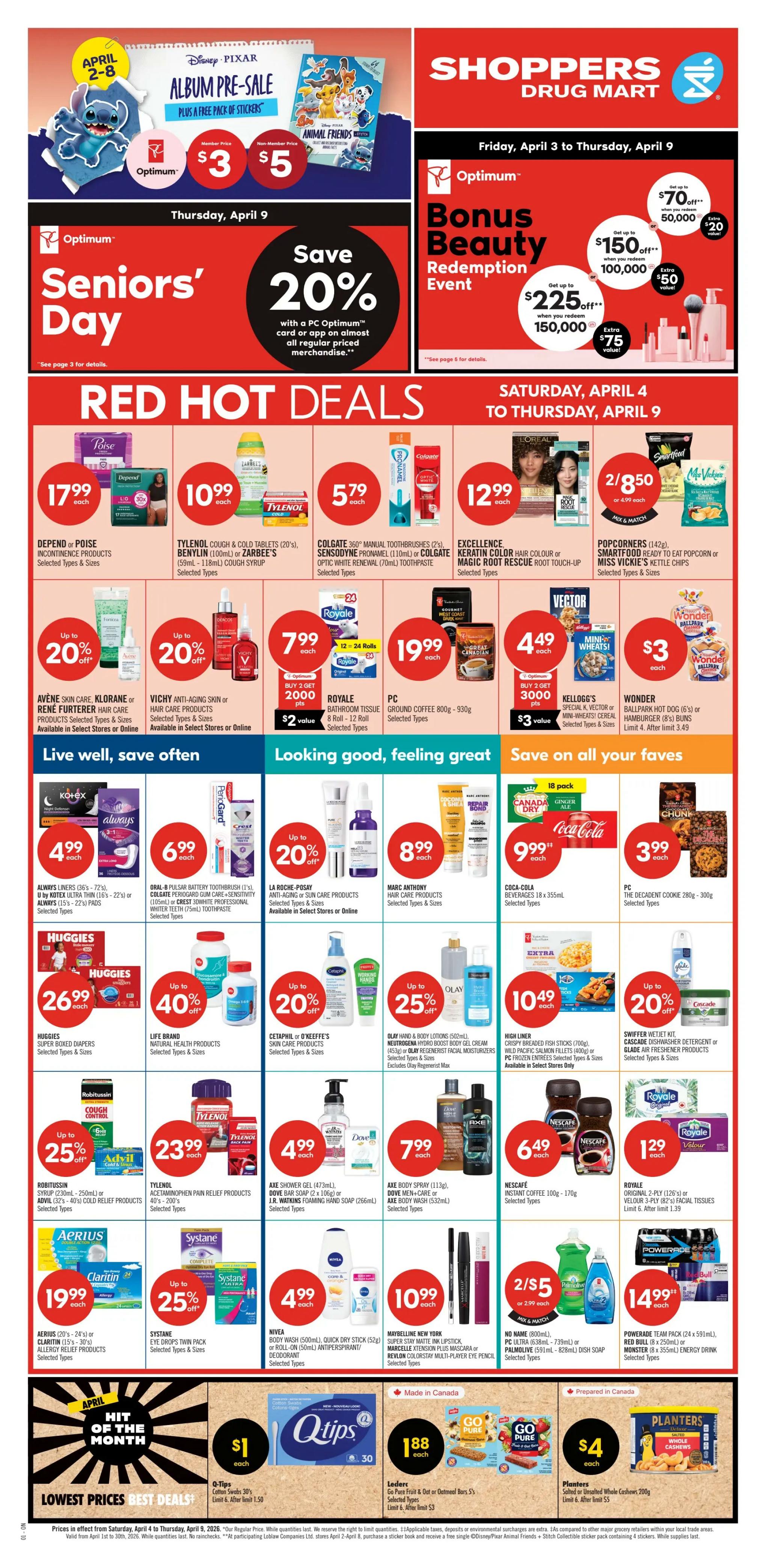 Shoppers Drug Mart Ontario flyer, April 4 to April 5, featuring a 2-Day Sale. Offers include Grade 'A' Large White Eggs for $3.49 each, No Name Butter 454g for $4.99 each, Pepsi or 7UP 6 x 710mL beverages for 2 for $7, Coca-Cola 6 x 710mL beverages for $3.99 each, and Lay's Family Size Potato Chips 220g-235g for 2 for $5. Also featured are Jamieson Vitamin Products up to 50% off, No Name 2-ply or PC 3-ply Facial Tissues 6's for $4.99 each, and Tide Laundry Detergent Pods or Downy Fabric Softener for $5.99 each. Christie Cookies or Crackers are 2 for $5. PC Bacon 500g is $5.99 each. Wonder White or Whole Wheat Bread 675g is $2.49 each. Nestlé Hide Me Eggs, Hershey's Smooth Solid Bunny, or Terry's Orange Chocolate are $6.49 each. Ferrero Rocher 162.5g, Lindt Gold Foiled Bunny, or Kinder Maxi Surprise Egg are $13.99 each. Kinder Surprise Bunny 75g or Cadbury Mini Eggs 148g-200g are $5.99 each. Dove Hair Care Products are $4.99 each. Oral-B Cavity Defence Manual Toothbrush or Colgate Cavity Protection Toothpaste or Crest Complete Whitening+Scope Toothpaste are $1.29 each. Spend $100 on Golf Town Gift Cards and get 10,000 bonus points ($10 value). The flyer also highlights a 'What's your Mystery Offer?' promotion with potential rewards of 20x the points, 25,000 bonus points, or a free product with eligible purchase.